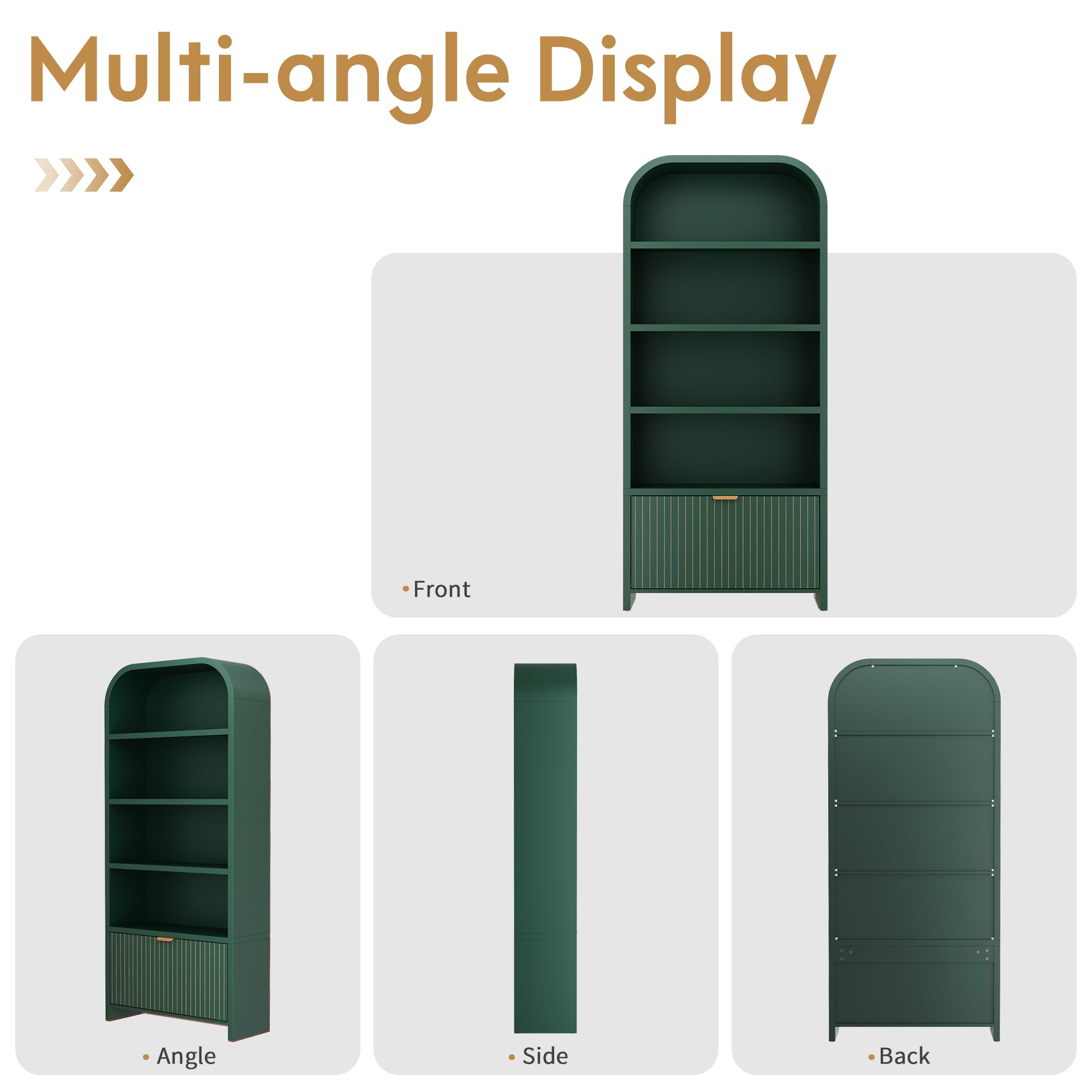 70" Tall Arched Bookcases with 1 Large Drawers & 4 Shelves, Wooden Bookshelf with Carved Line and Curved Top for Living Room Office