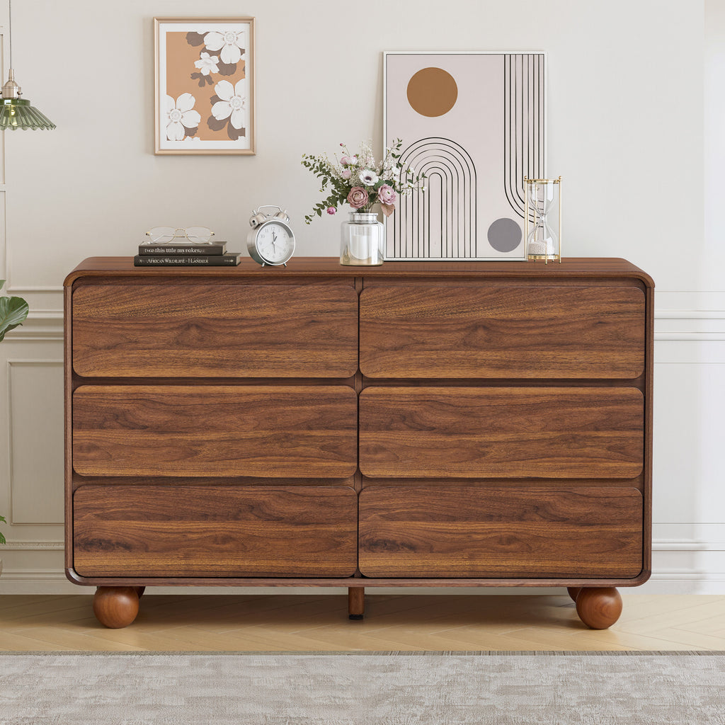YOCWO 6 Drawer Dresser for Bedroom, Mid Century Chest of Drawers with Arc Edge and Round Leg, Wood Storage Large Dresser Organizer for Bedroom Living Room Hallway Closet