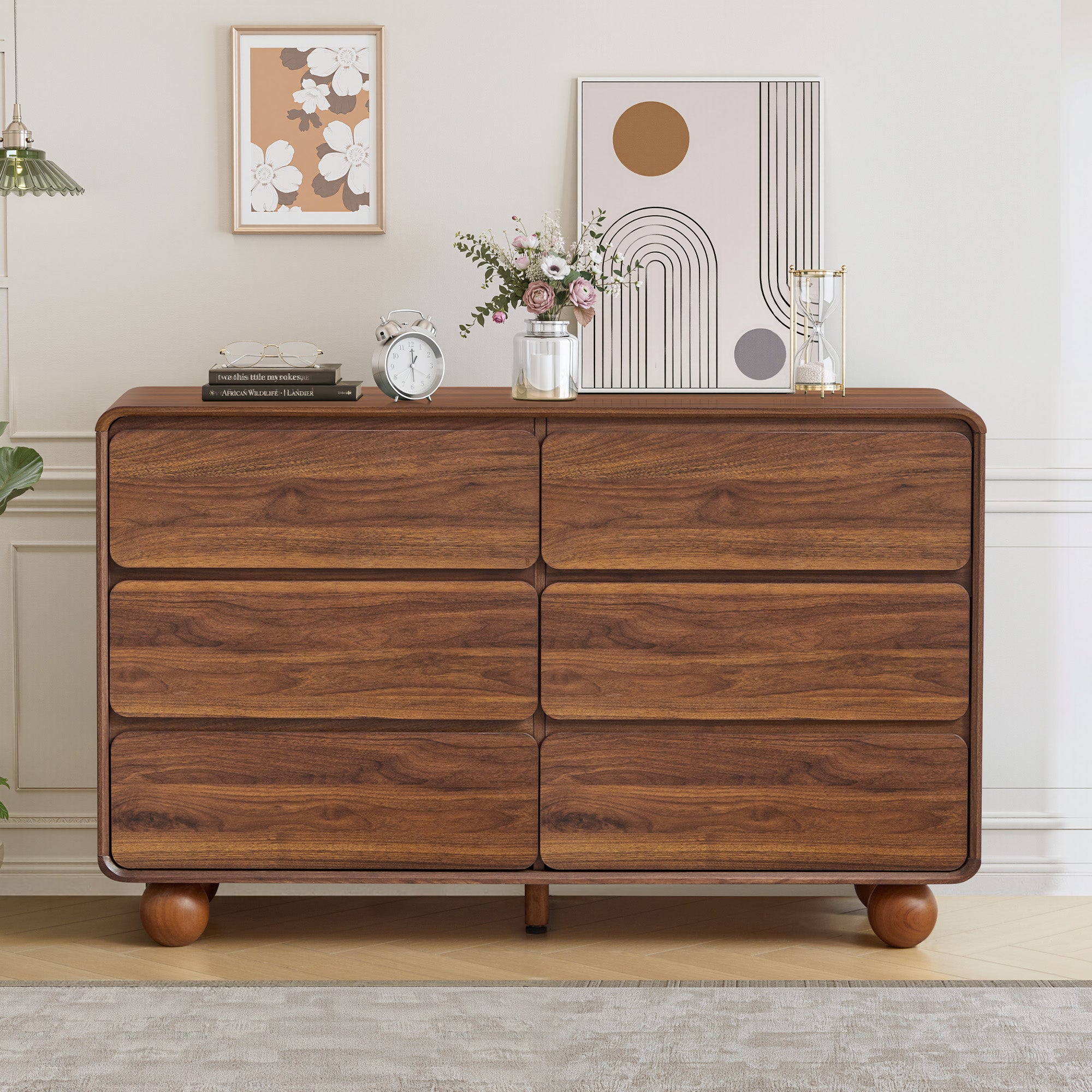 YOCWO 6 Drawer Dresser for Bedroom, Mid Century Chest of Drawers with Arc Edge and Round Leg, Wood Storage Large Dresser Organizer for Bedroom Living Room Hallway Closet