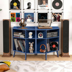 YOCWO Triangle Record Player Stand with Charging Station, Turntable Stand Table Holds Max 200 Albums, Corner Vinyl Record Storage Cabinet with Wood Legs for Living Room Bedroom Office
