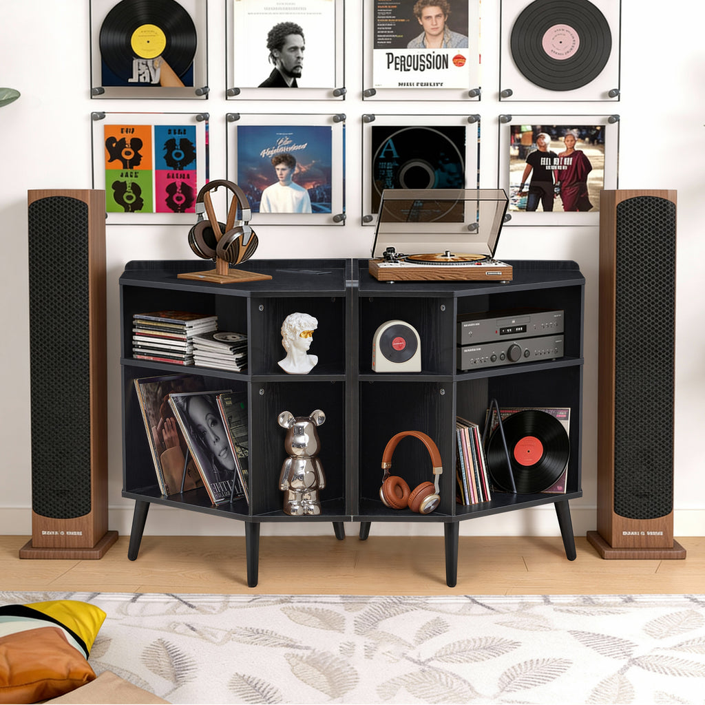 YOCWO Triangle Record Player Stand with Charging Station, Turntable Stand Table Holds Max 200 Albums, Corner Vinyl Record Storage Cabinet with Wood Legs for Living Room Bedroom Office