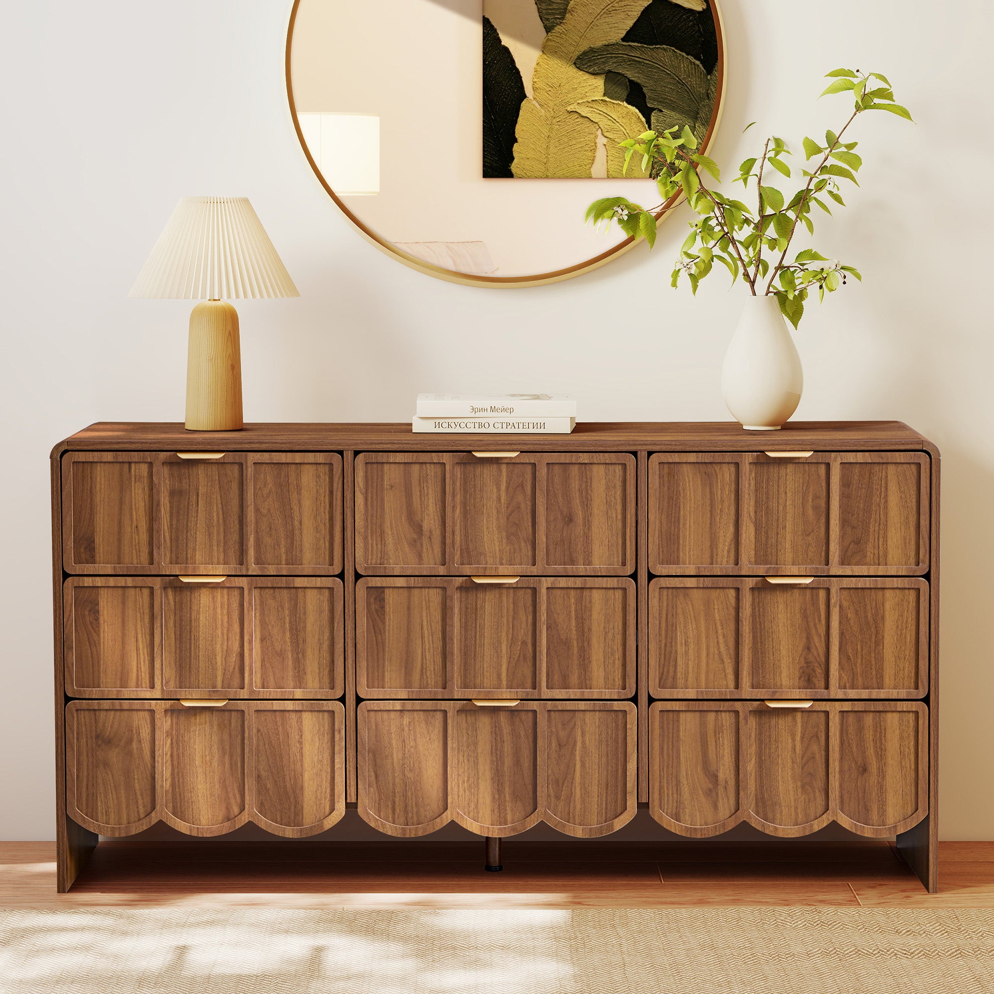 YOCWO 9 Drawer Dresser with Wave Panel, Mid Century Storage Dresser Chest of Drawer for Bedroom