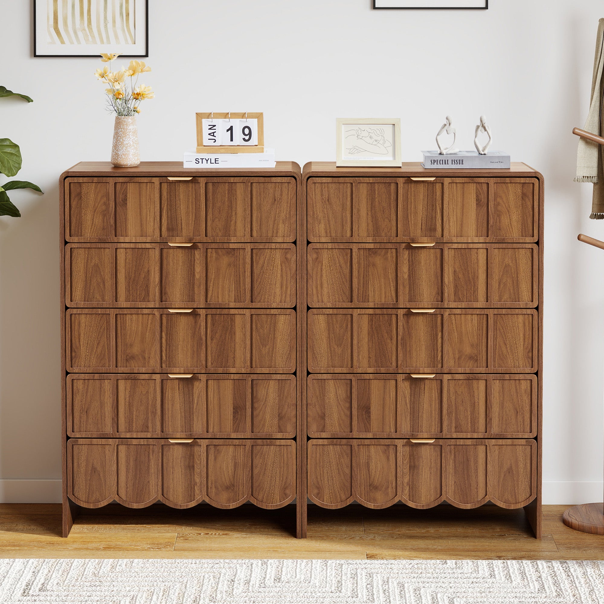 YOCWO 5 Drawer Dresser with Wave Panel, Mid Century Tall Storage Dresser Chest of Drawer for Bedroom