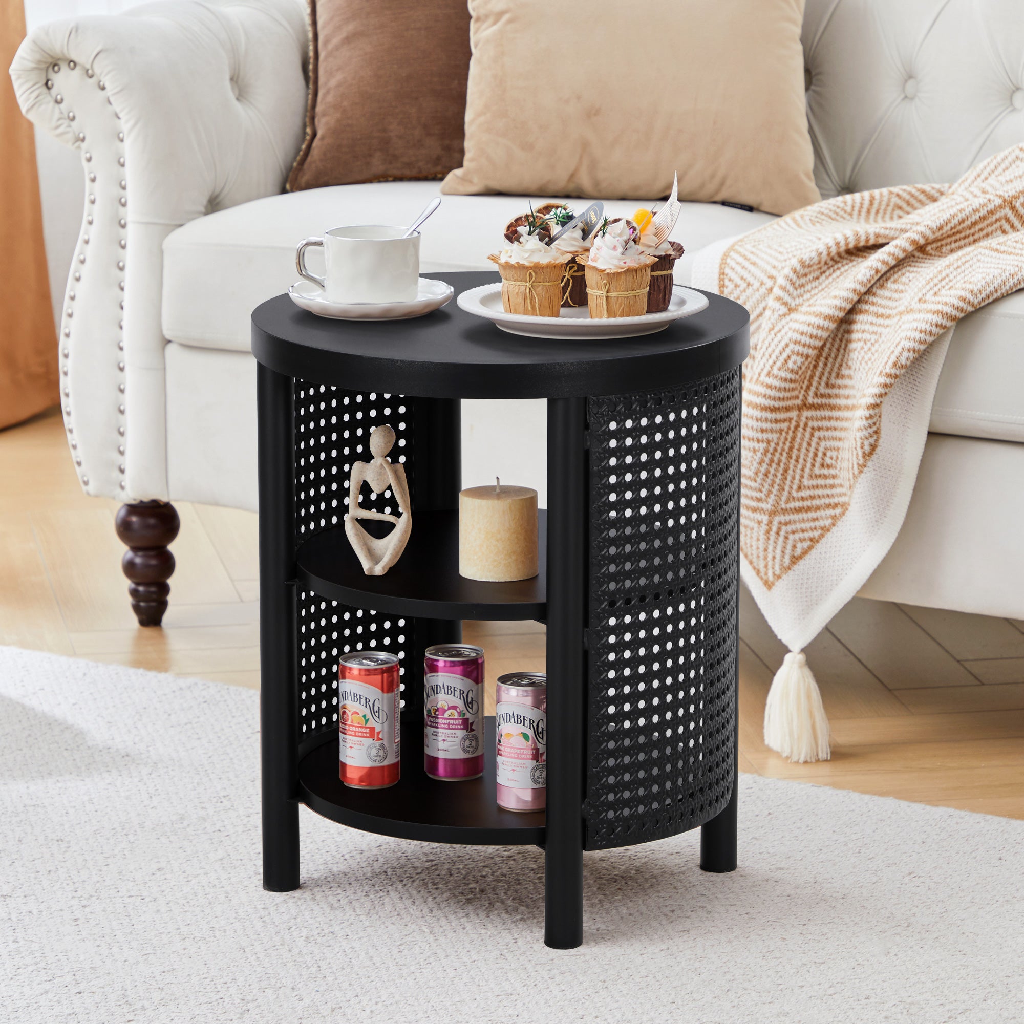YOCWO Small Round End Table with Open Storage for Small Space, 3 Tier Accent Table Side Table with Iron Rattan Decor