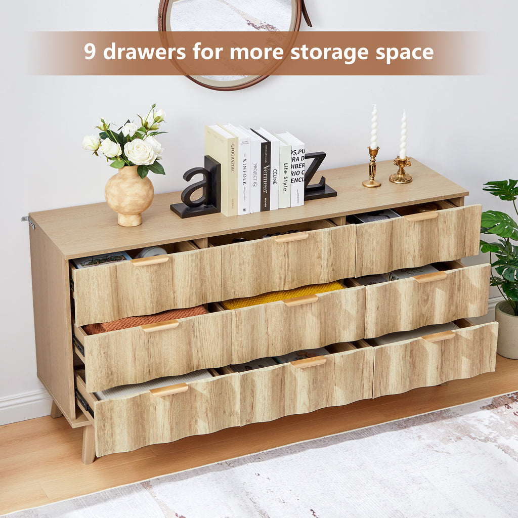 YOCWO 57" Wide 9 Drawer Dresser with Big Wave Pattern for Living Room Bedroom, Mid-Century Wood Large Chest of Drawer with Waveform Fluted Panel