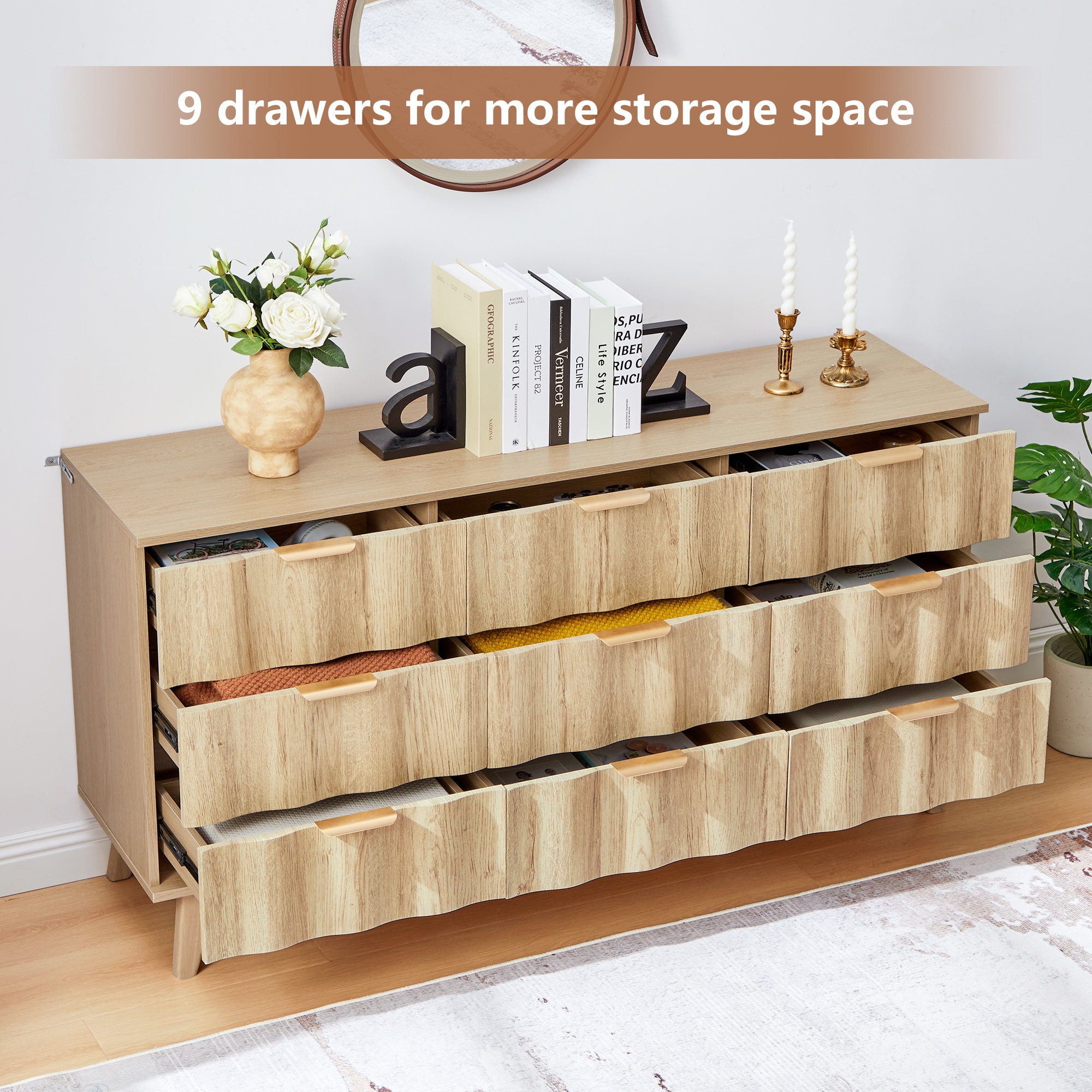 YOCWO 57" Wide 9 Drawer Dresser with Big Wave Pattern for Living Room Bedroom, Mid-Century Wood Large Chest of Drawer with Waveform Fluted Panel