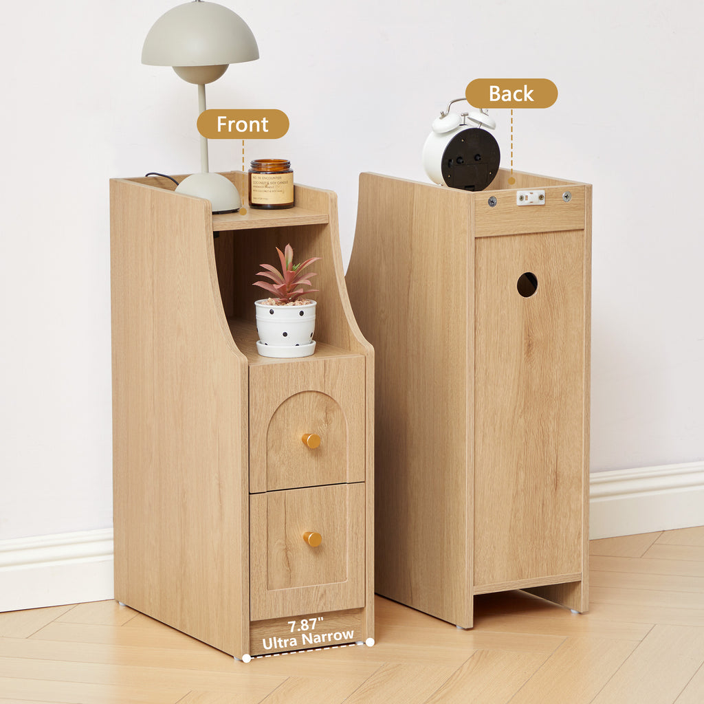 7.87" Ultra Narrow Nightstand with 2 Drawer and Charging Station, Slim End Table Bedside Table for Bedroom with Open Shelf