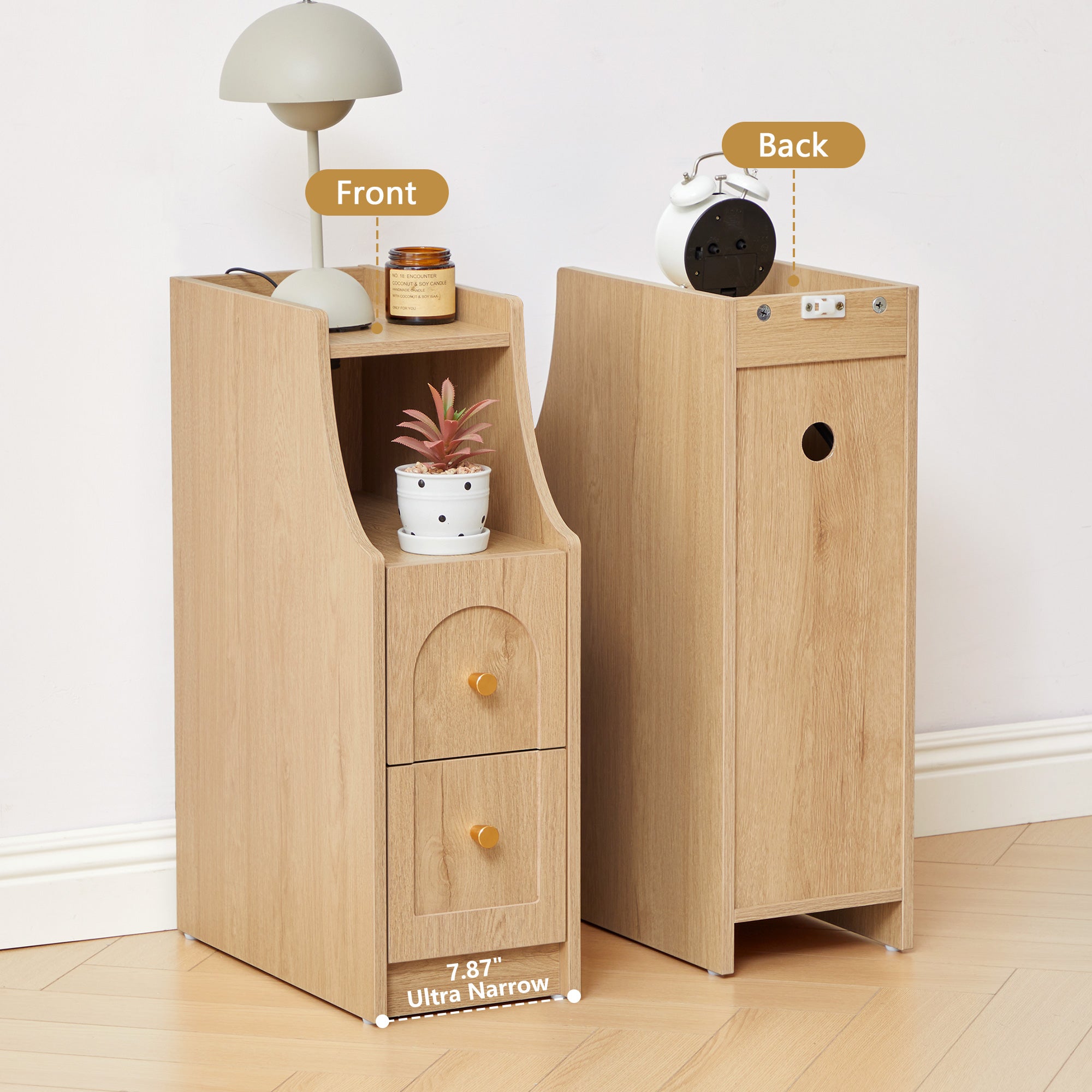 7.87" Ultra Narrow Nightstand with 2 Drawer and Charging Station, Slim End Table Bedside Table for Bedroom with Open Shelf