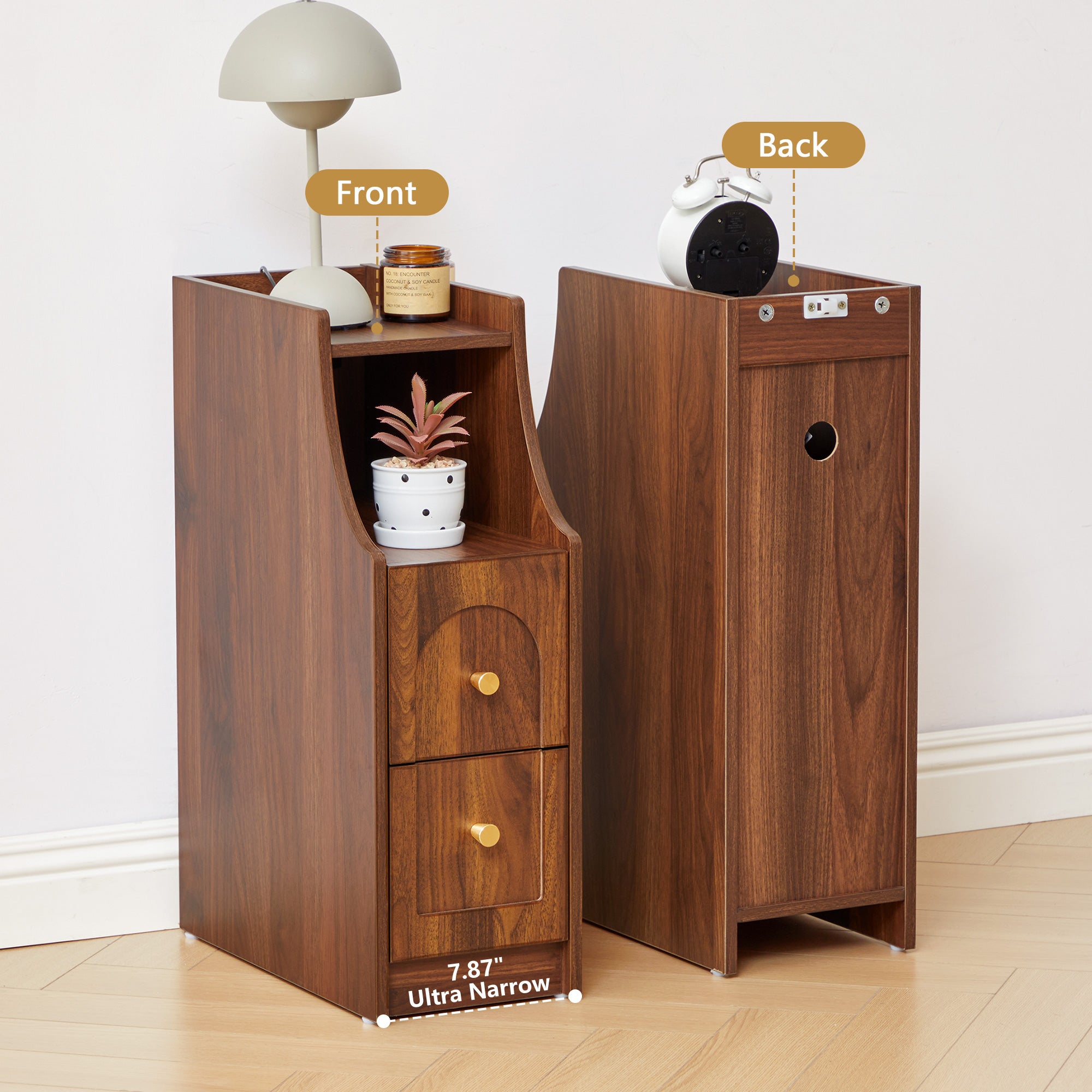 7.87" Ultra Narrow Nightstand with 2 Drawer and Charging Station, Slim End Table Bedside Table for Bedroom with Open Shelf