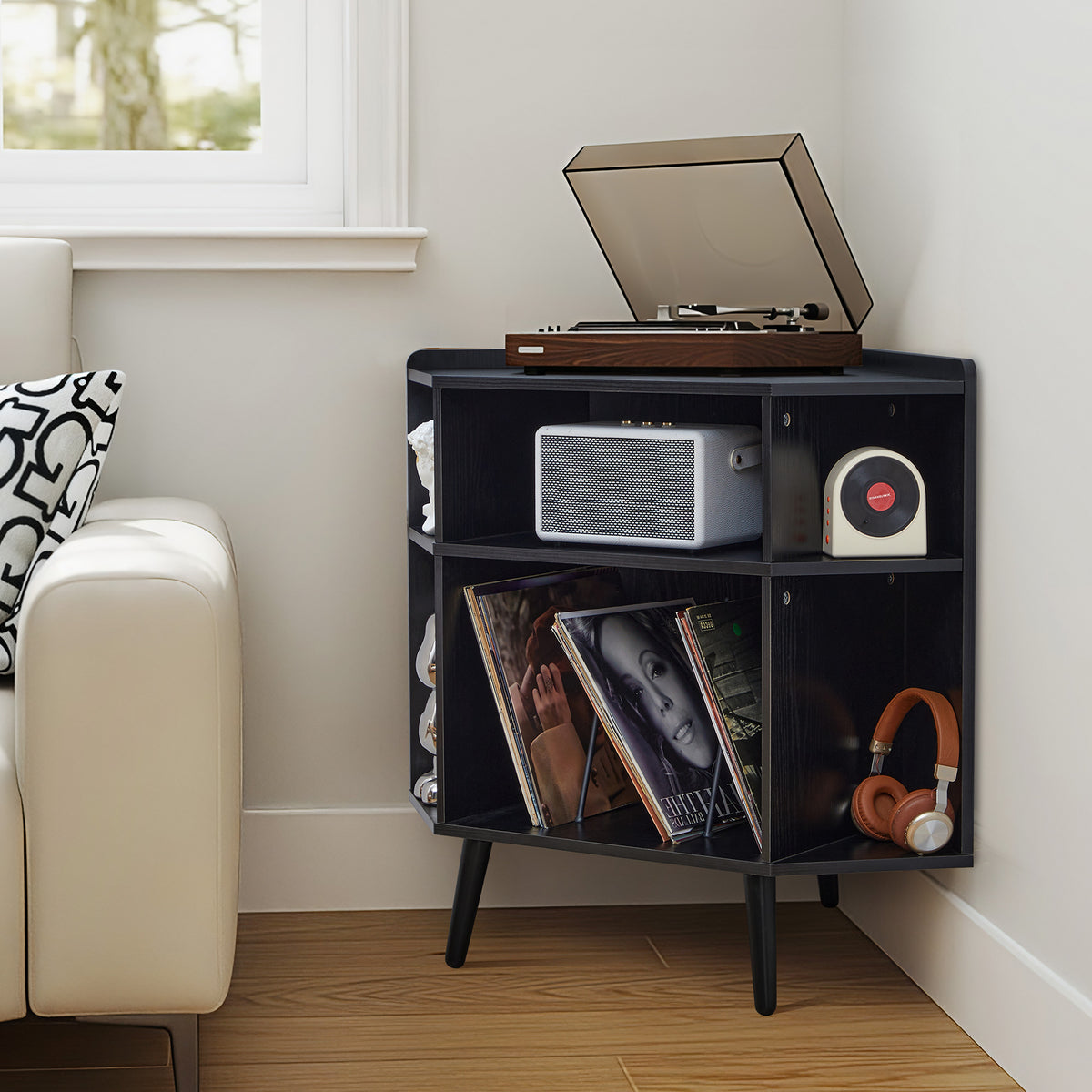 YOCWO Triangle Record Player Stand with Charging Station, Turntable Stand Table Holds Max 200 Albums, Corner Vinyl Record Storage Cabinet with Wood Legs for Living Room Bedroom Office