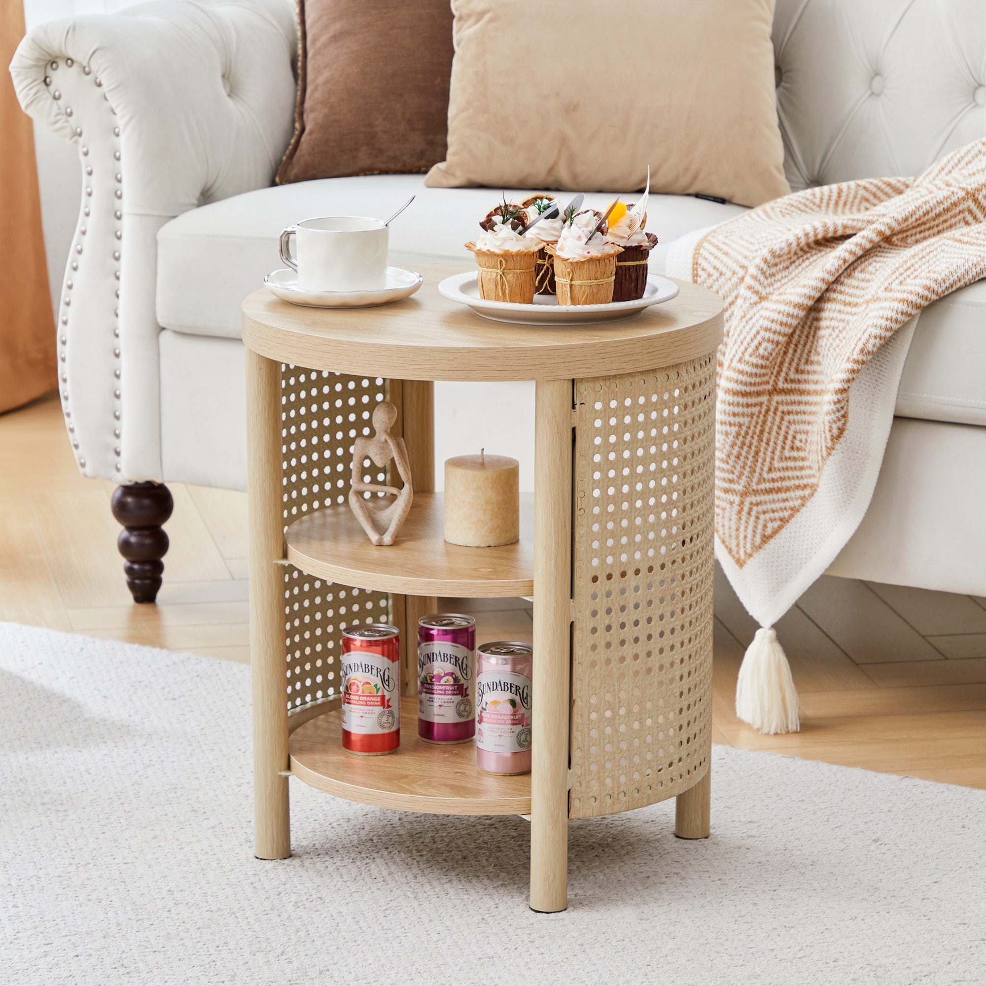 YOCWO Small Round End Table Set of 2 with Open Storage for Small Space, 3 Tier Accent Table Side Table with Iron Rattan Decor