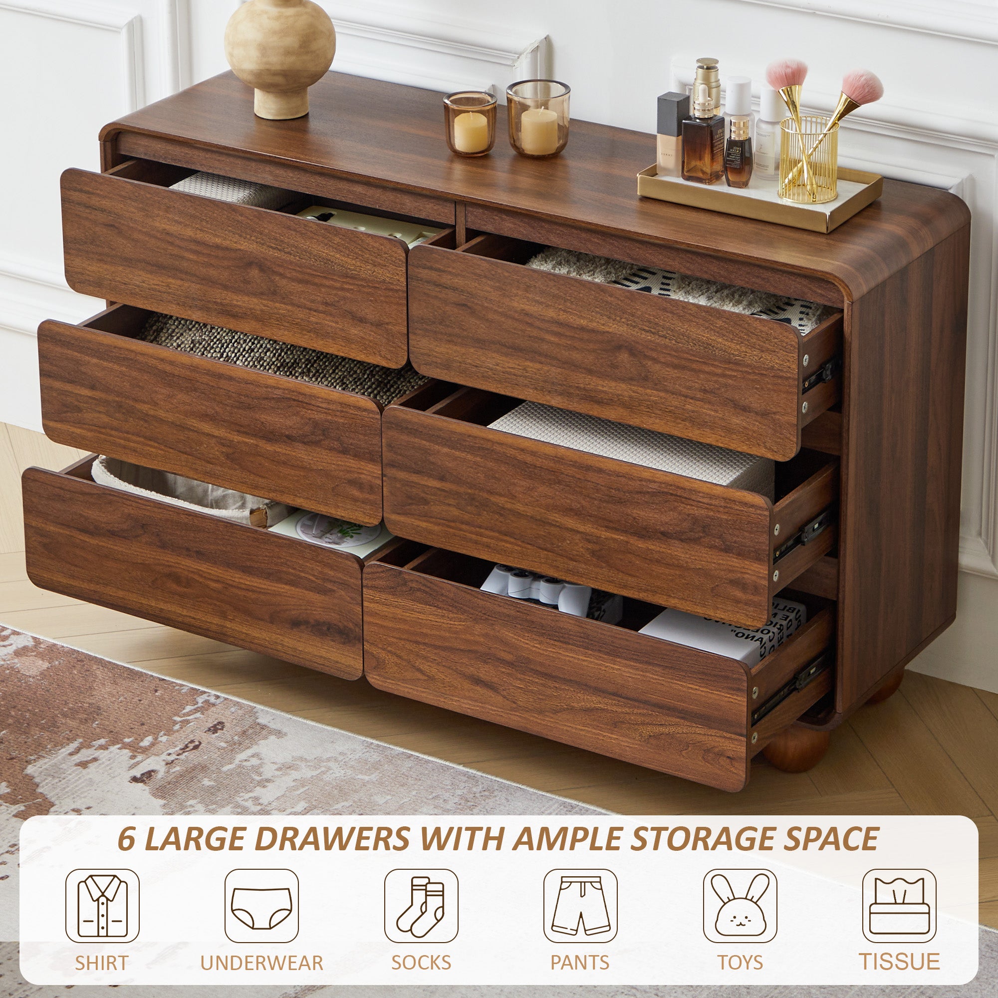 YOCWO 6 Drawer Dresser for Bedroom, Mid Century Chest of Drawers with Arc Edge and Round Leg, Wood Storage Large Dresser Organizer for Bedroom Living Room Hallway Closet