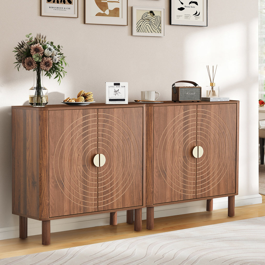 Accent Cabinet with Round Carved Line Door for Entryway Hallway, Natural Sideboard Buffet Cabinet, Storage Cabinet with Adjustable Shelves for Living Room
