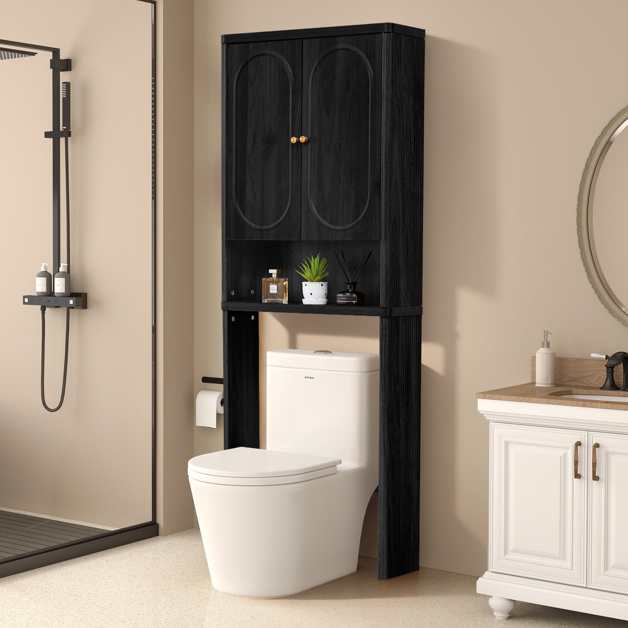 YOCWO Over The Toilet Storage Cabinet, Mid Century Storage Cabinet Over Toilet with 2 Doors and Open Shelf, Home Space Saver for Bathroom, Living Room