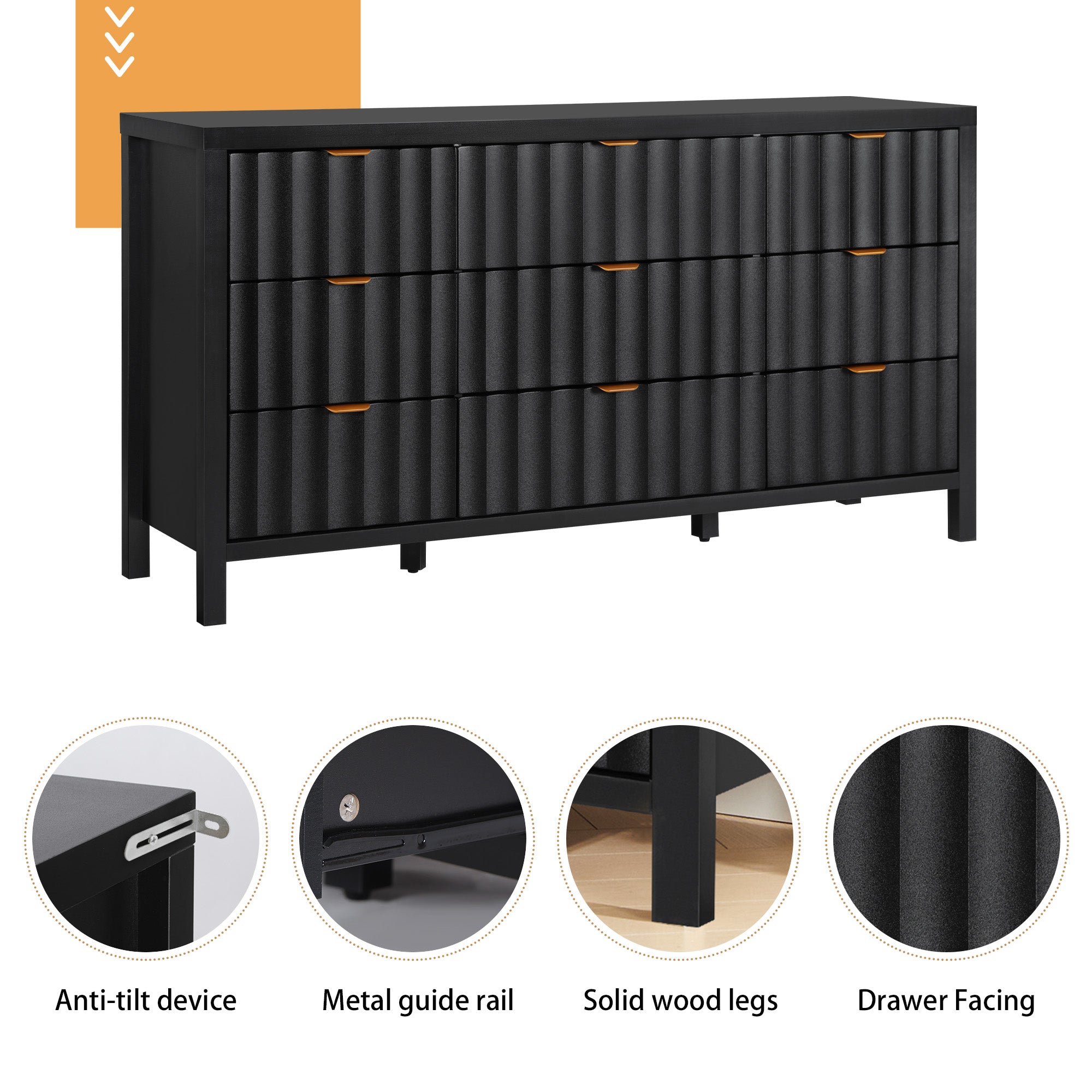 YOCWO 58.5" Wide 9 Drawer Dresser with Wave Fluted, Mid Century Storage Dresser Chest of Drawer for Bedroom