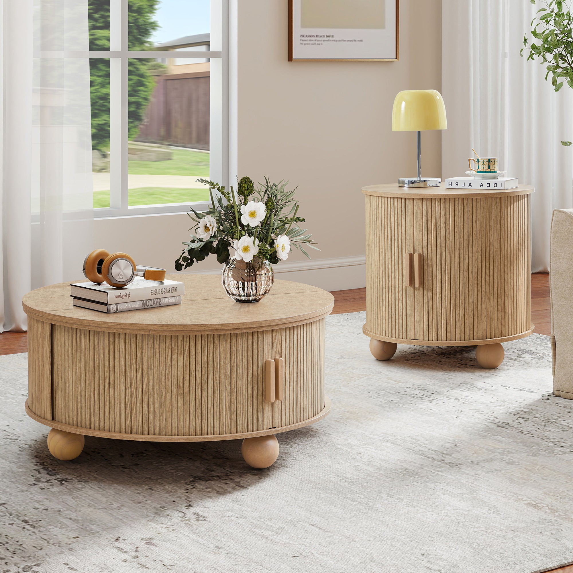 YOCWO Lift Top Coffee Table with Sliding Door and Round Leg, Fluted Round Coffee Table with Hidden Compartments Storage for Living Room