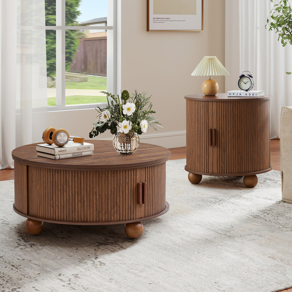 YOCWO Lift Top Coffee Table with Sliding Door and Round Leg, Fluted Round Coffee Table with Hidden Compartments Storage for Living Room