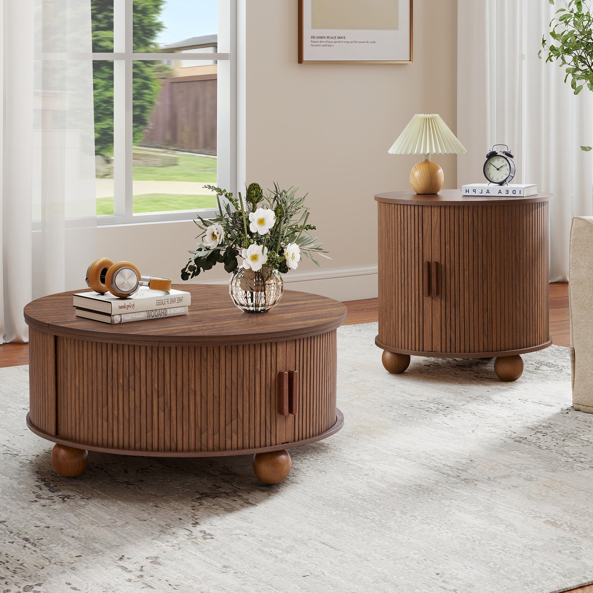 YOCWO Lift Top Coffee Table with Sliding Door and Round Leg, Fluted Round Coffee Table with Hidden Compartments Storage for Living Room