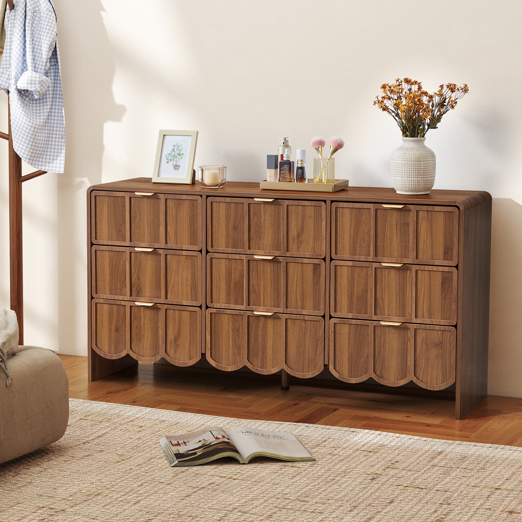 YOCWO 9 Drawer Dresser with Wave Panel, Mid Century Storage Dresser Chest of Drawer for Bedroom