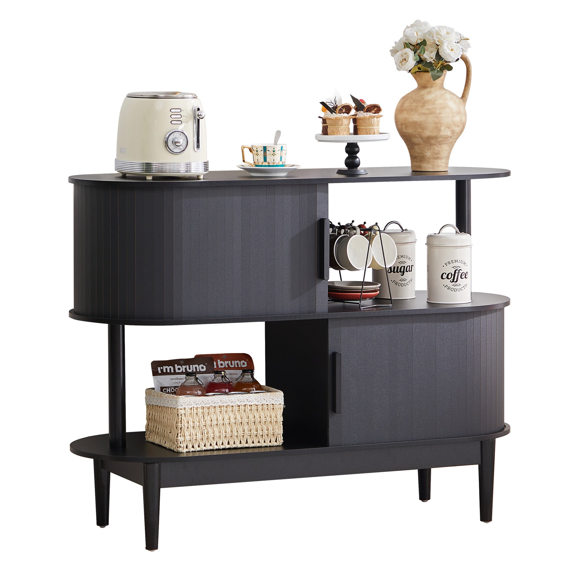 YOCWO 42.51" Oval Sideboard Buffet Cabinet with Tambour Sliding Door,Oval Curved Fluted Sideboard with Open Shelf, Buffet Storage Cabinet for Dining Room Living Room Entryway
