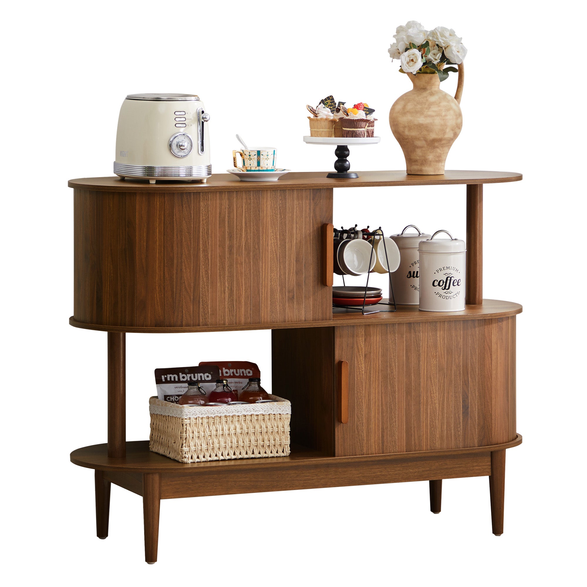 YOCWO 42.51" Oval Sideboard Buffet Cabinet with Tambour Sliding Door,Oval Curved Fluted Sideboard with Open Shelf, Buffet Storage Cabinet for Dining Room Living Room Entryway