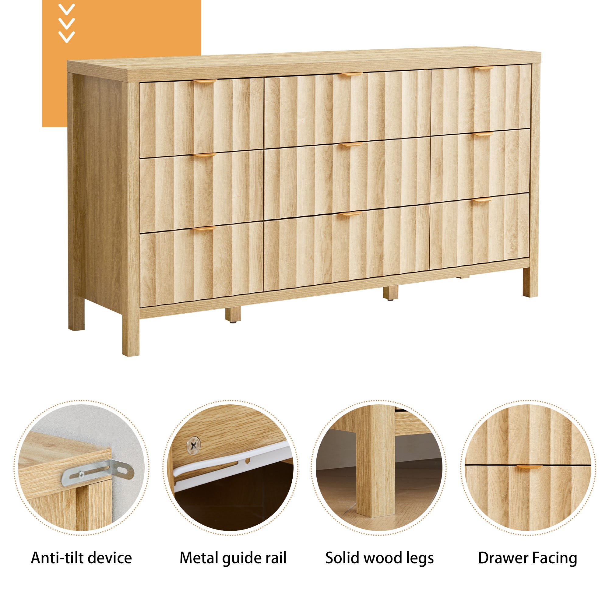 YOCWO 58.5" Wide 9 Drawer Dresser with Wave Fluted, Mid Century Storage Dresser Chest of Drawer for Bedroom
