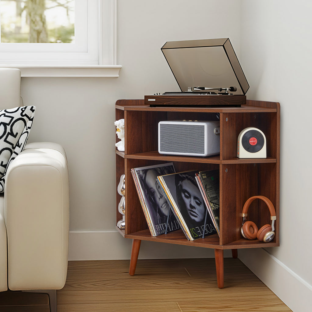 YOCWO Triangle Record Player Stand with Charging Station, Turntable Stand Table Holds Max 200 Albums, Corner Vinyl Record Storage Cabinet with Wood Legs for Living Room Bedroom Office
