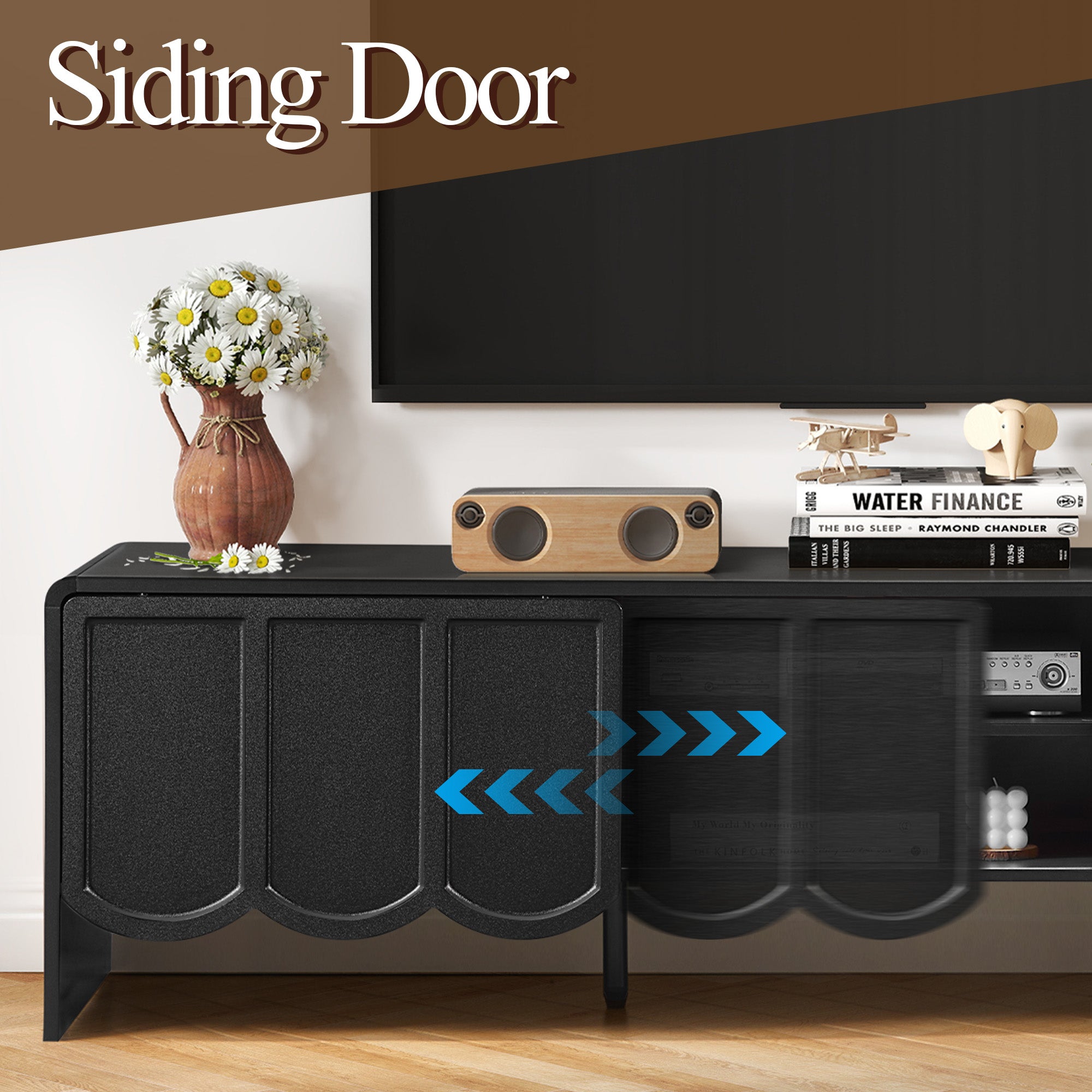 YOCWO TV Stands for 65 inch tv, TV Stand with Sliding Wave Doors, Wood Entertainment Center for TVs, Media Console Cabinet with Open Storage for Living Room