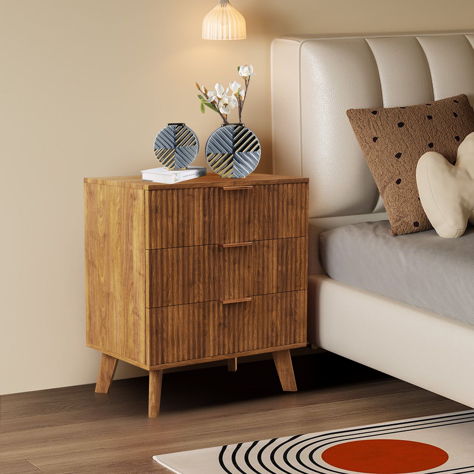 3 Drawer Fluted Nightstand, Wood Chest of Drawer for Bedroom