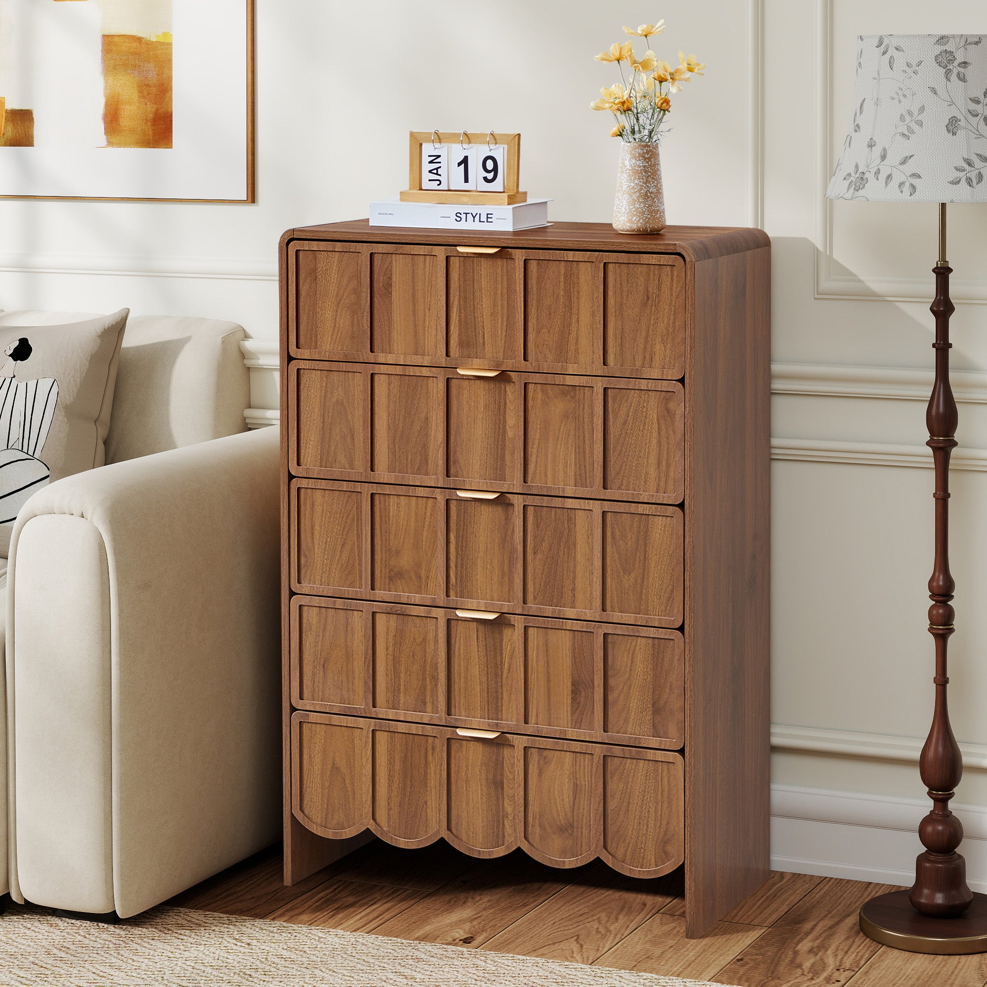 YOCWO 5 Drawer Dresser Set of 2 with Wave Panel, Mid Century Tall Storage Dresser Chest of Drawer for Bedroom