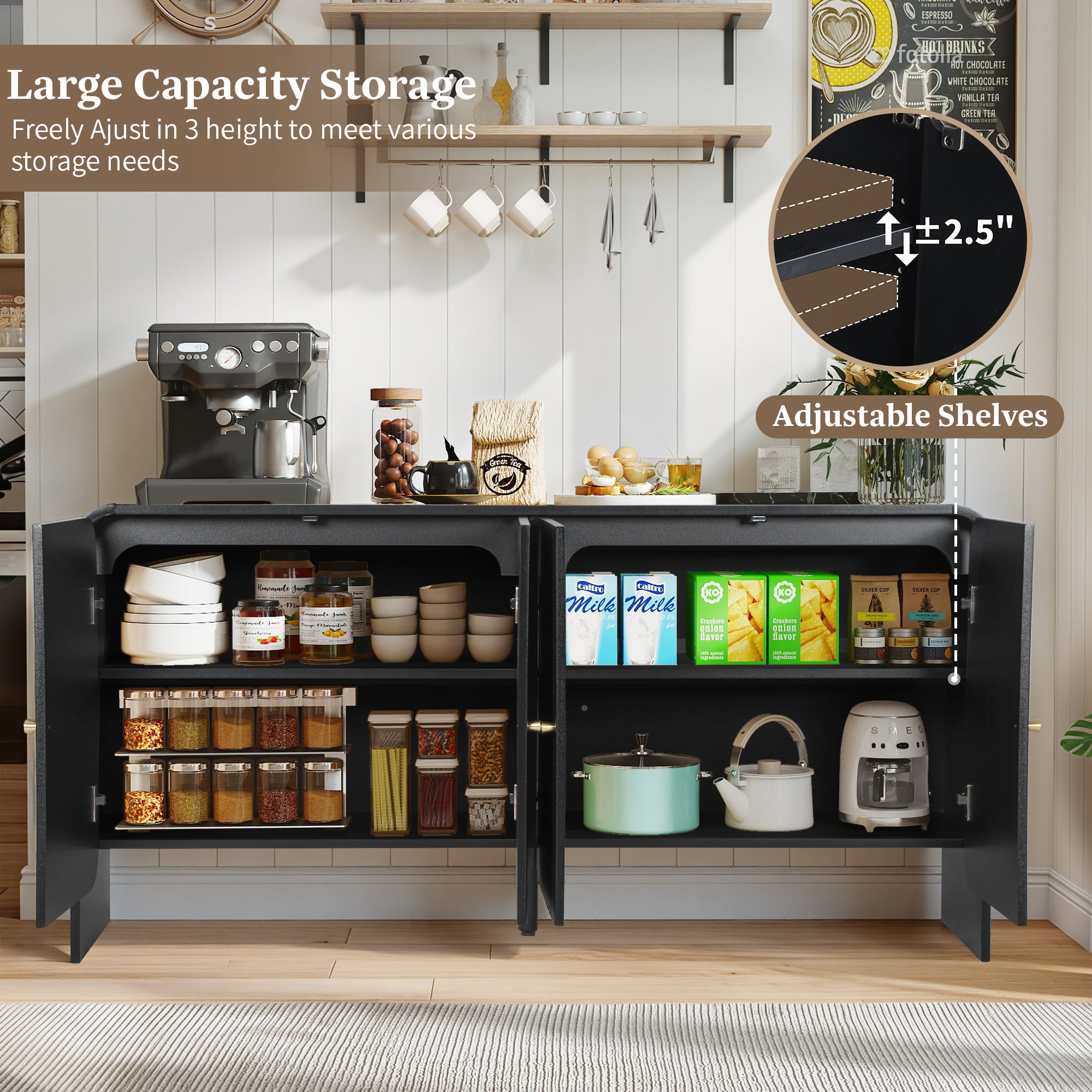 YOCWO Fluted Sideboard and Buffets, Buffet Storage Cabinet with 4 Doors and Adjustable Shelves, Accent Cabinet for Living Room Kitchen Entryway