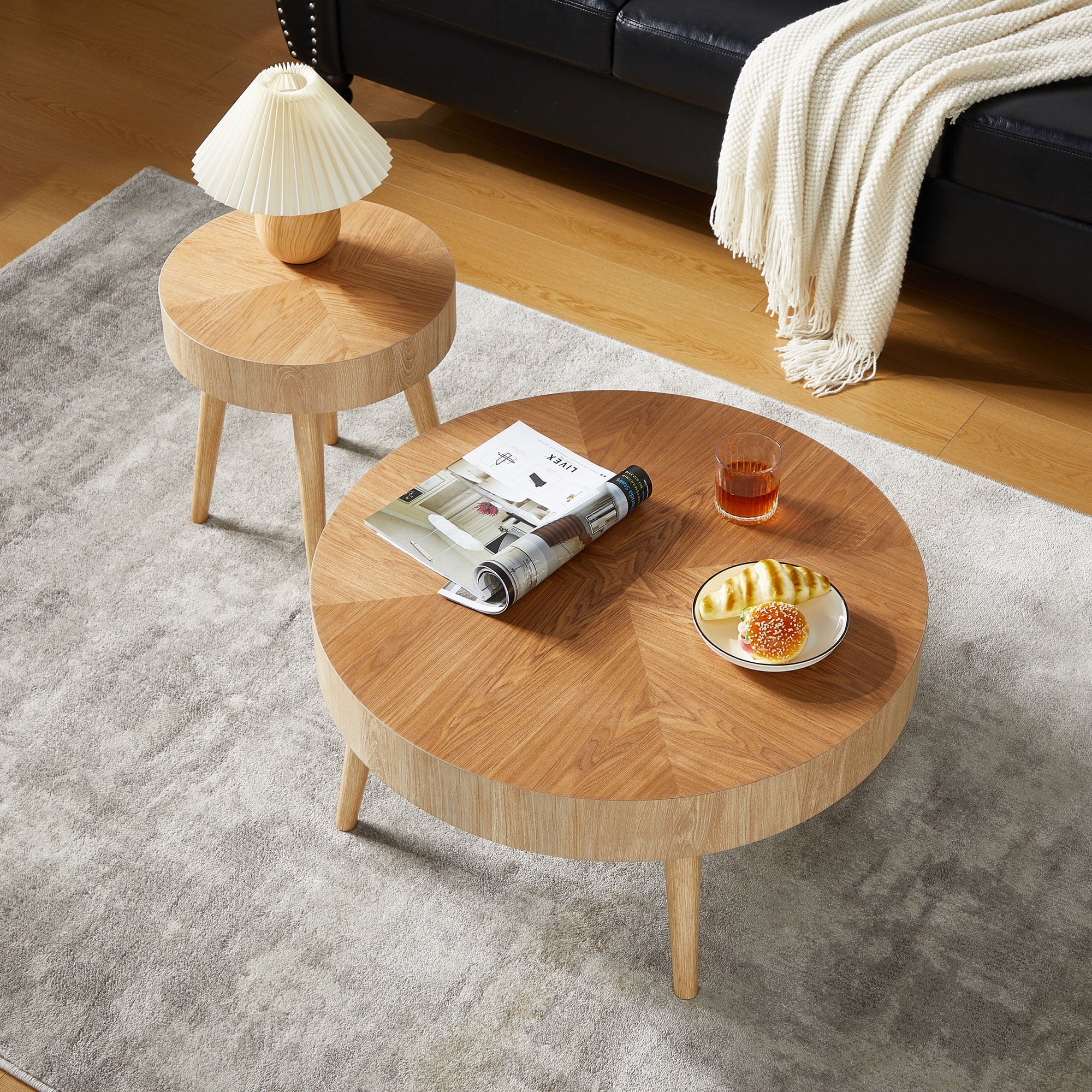 2-Piece Modern Round Coffee Table Set for Living Room, Faux Wood End Table