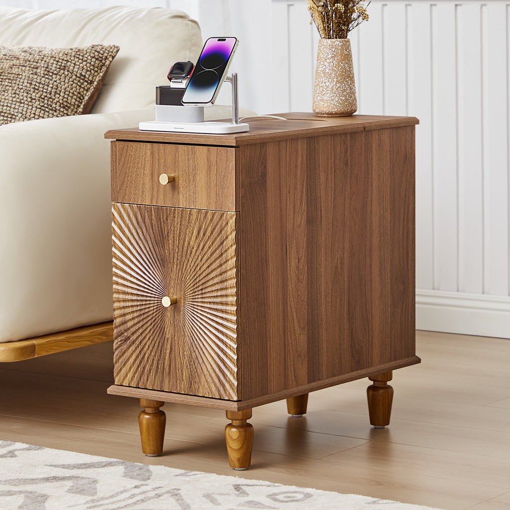 YOCWO Fluted Narrow Nightstand Set of 2 with Charging Station for Bedroom, Wood End Table with Drawer and Door for Living Room