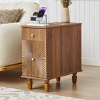 YOCWO Fluted Narrow Nightstand Set of 2 with Charging Station for Bedroom, Wood End Table with Drawer and Door for Living Room