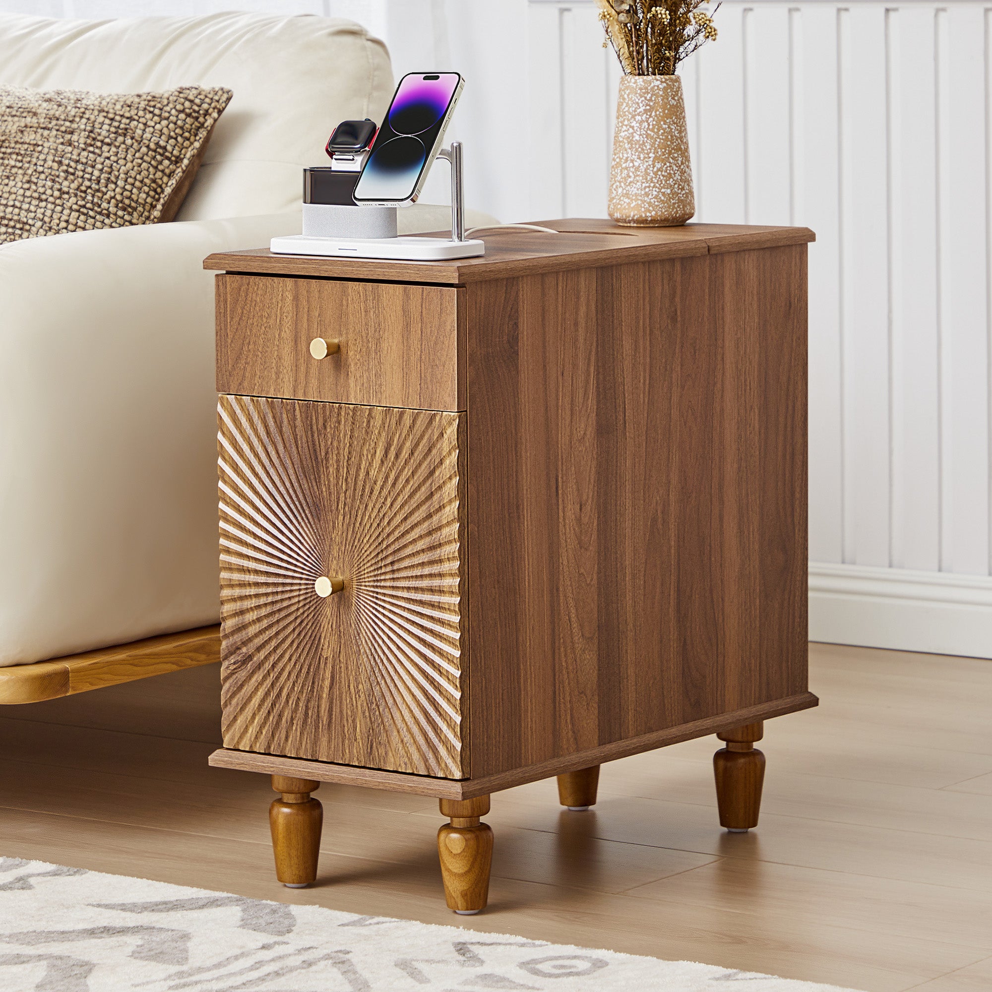 YOCWO Fluted Narrow Nightstand Set of 2 with Charging Station for Bedroom, Wood End Table with Drawer and Door for Living Room