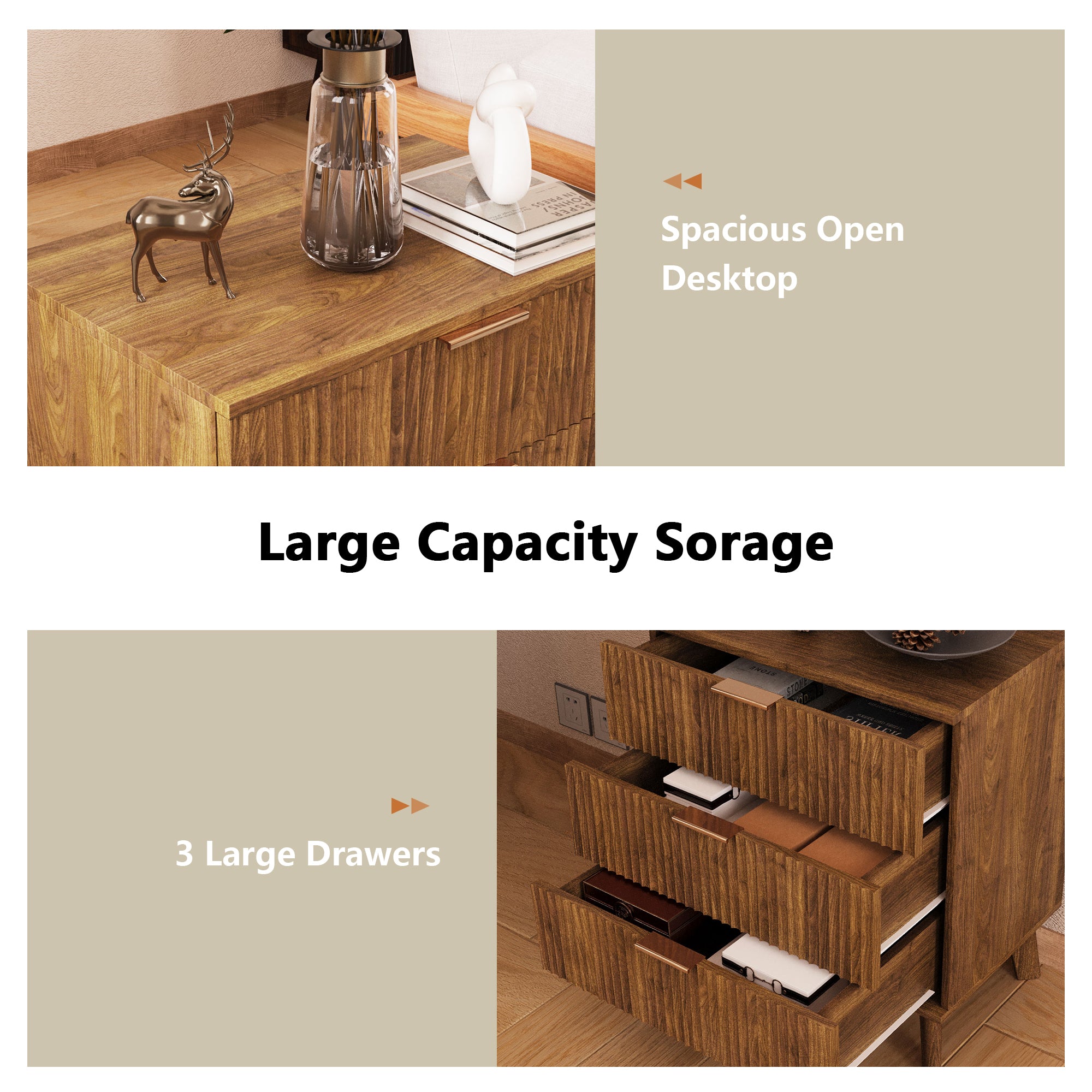 3 Drawer Fluted Nightstand, Wood Chest of Drawer for Bedroom