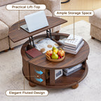 YOCWO Lift Top Coffee Table with Sliding Door and Round Leg, Fluted Round Coffee Table with Hidden Compartments Storage for Living Room