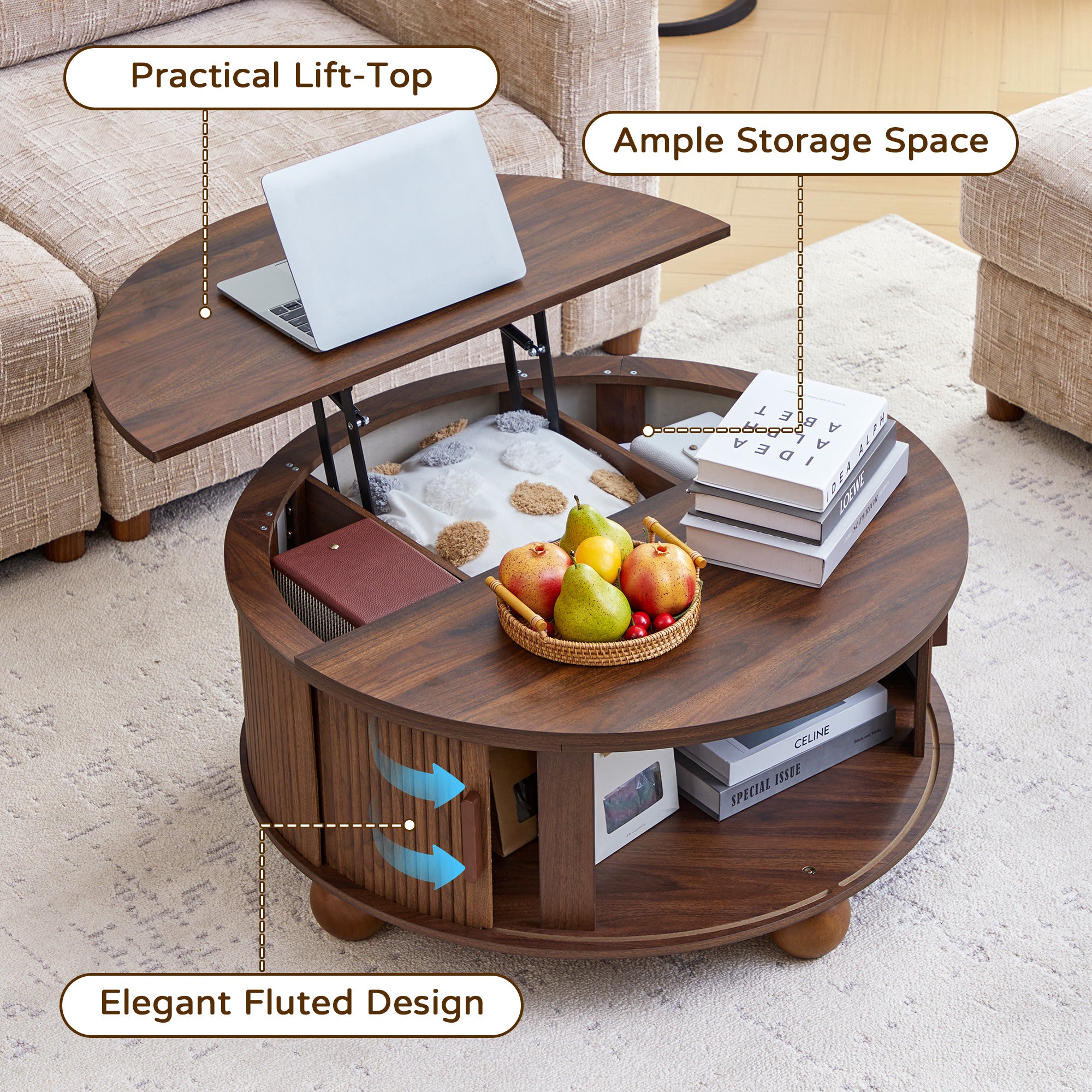 YOCWO Lift Top Coffee Table with Sliding Door and Round Leg, Fluted Round Coffee Table with Hidden Compartments Storage for Living Room