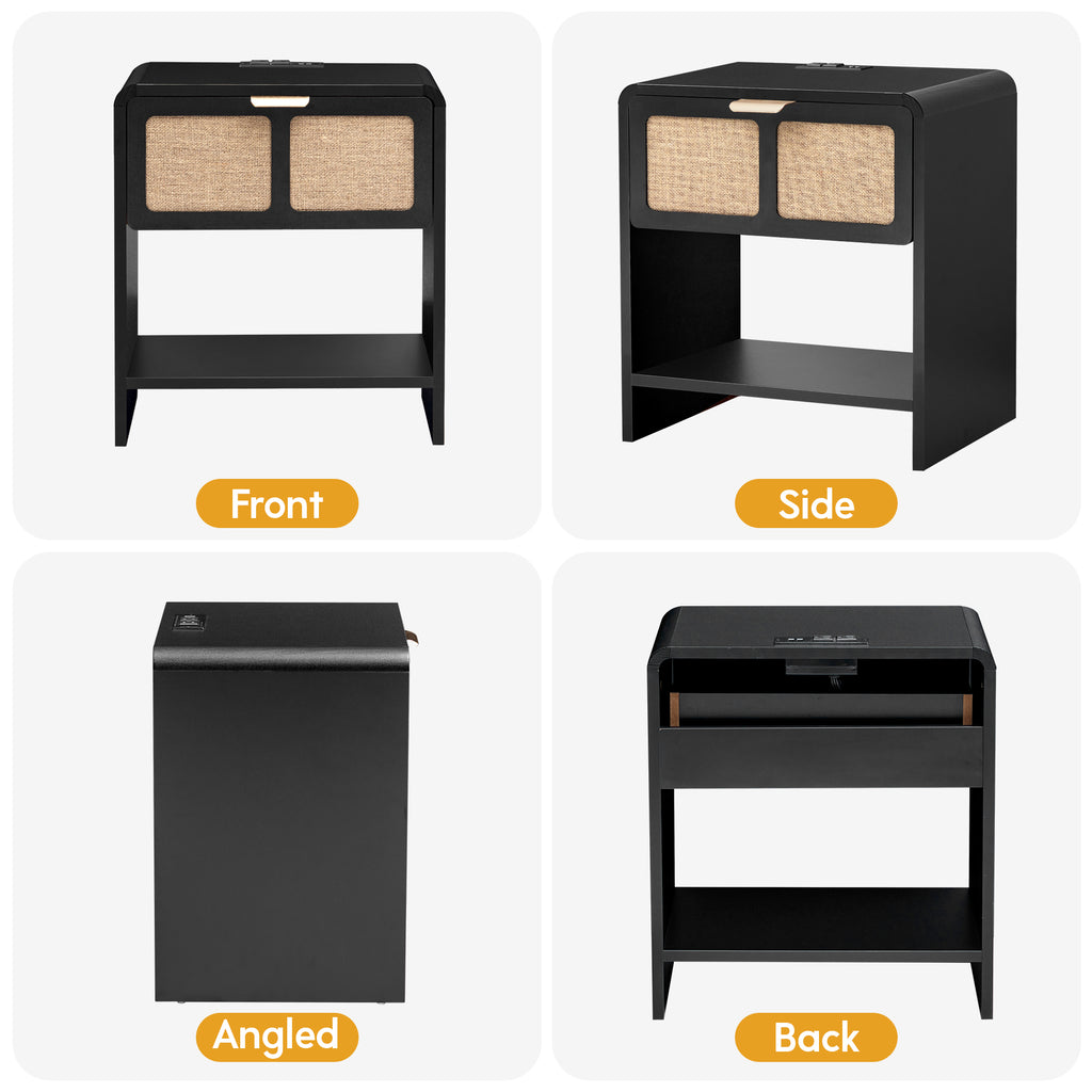 YOCWO Nightstand with Charging Station for Bedroom Set of 2 , Linen Bedside Table Set of 2 with Drawers