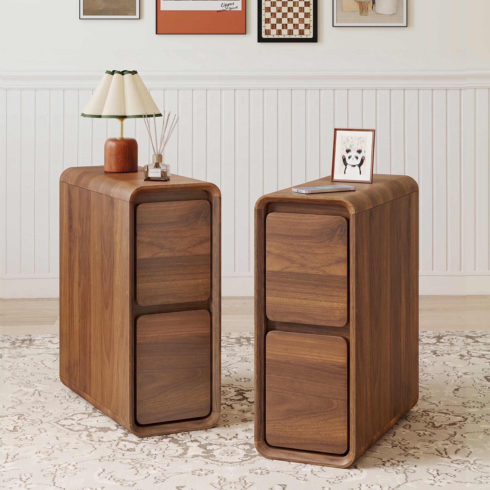 YOCWO Narrow Nightstand for Bedroom, Mid Century End Table with Arc Edge and Round Leg, Wood Storage Chest of Drawer Organizer for Bedroom Living Room Hallway Closet