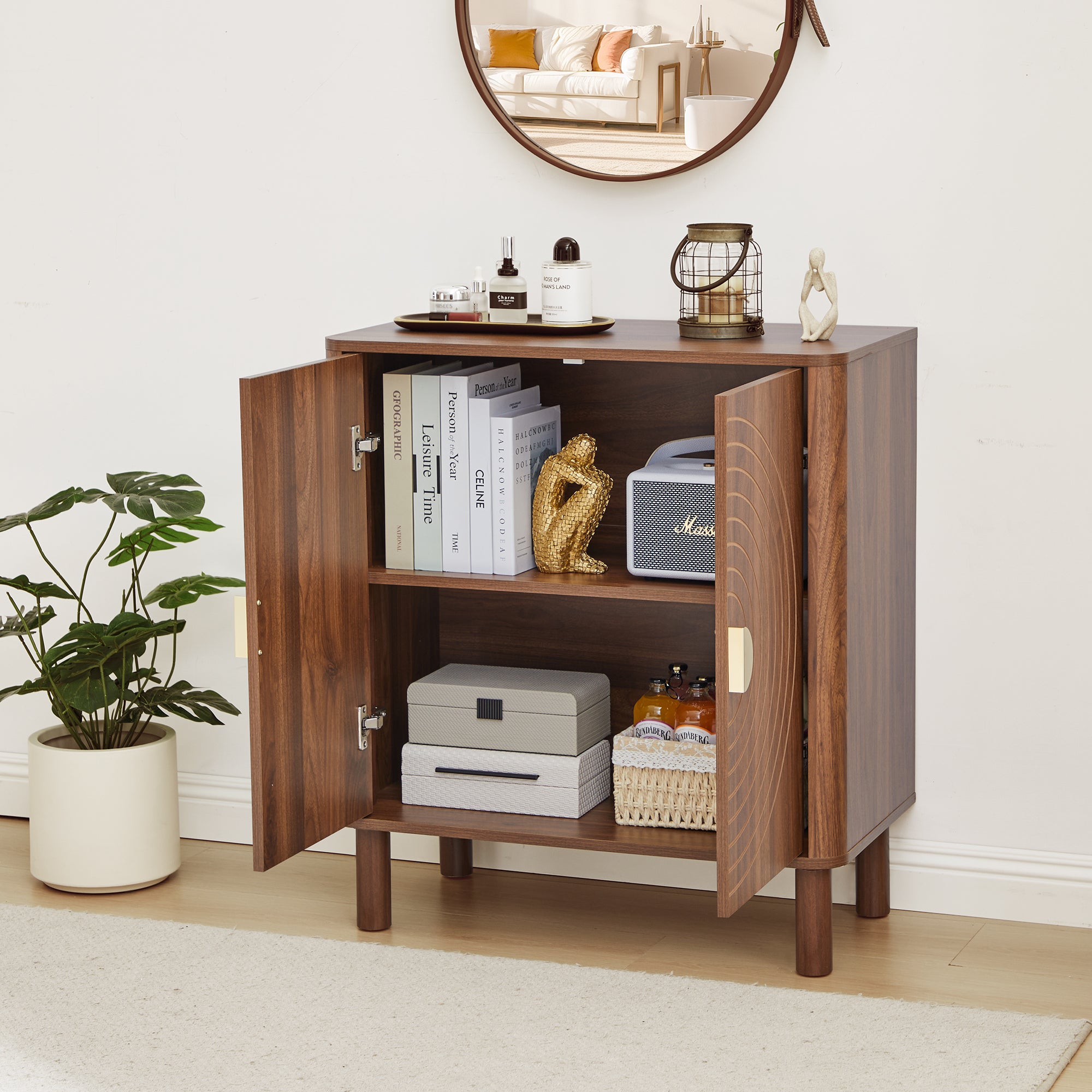 Accent Cabinet with Round Carved Line Door for Entryway Hallway, Natural Sideboard Buffet Cabinet, Storage Cabinet with Adjustable Shelves for Living Room