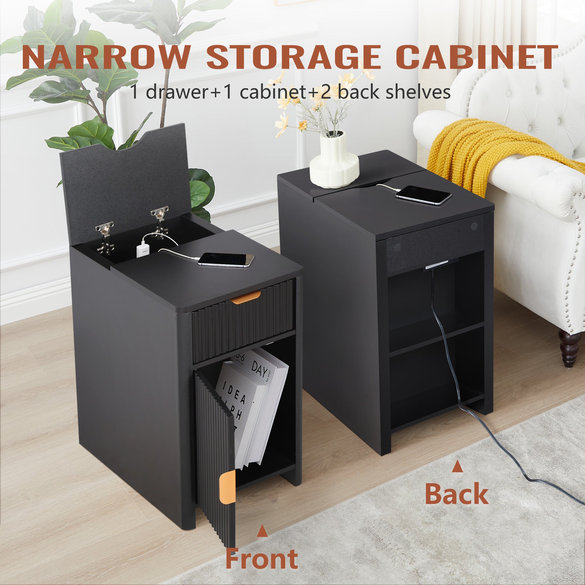 YOCWO Fluted Narrow Nightstand with Charging Station for Bedroom, Wood End Table with Drawer and Door for Living Room