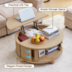 YOCWO Lift Top Coffee Table with Sliding Door and Round Leg, Fluted Round Coffee Table with Hidden Compartments Storage for Living Room