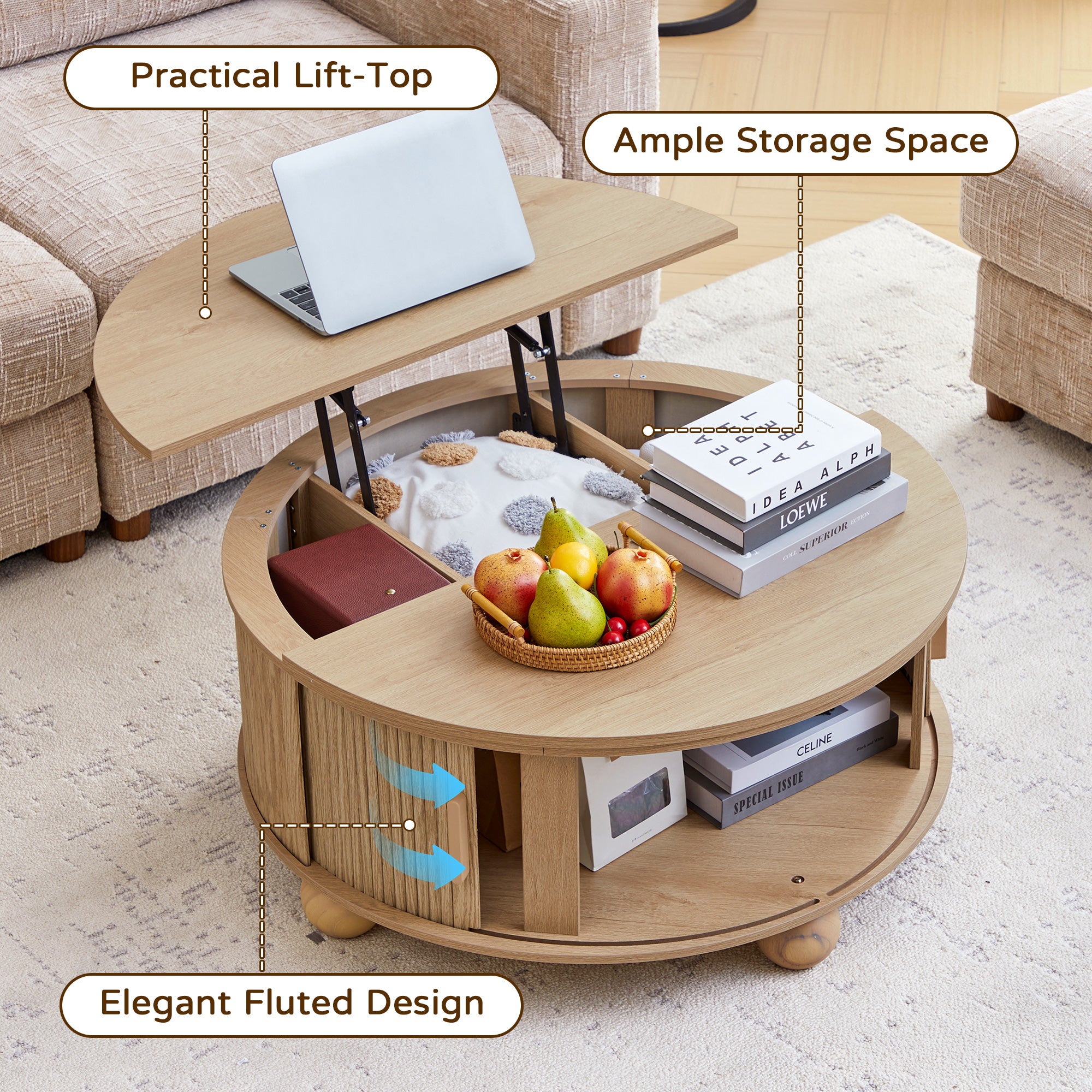 YOCWO Lift Top Coffee Table with Sliding Door and Round Leg, Fluted Round Coffee Table with Hidden Compartments Storage for Living Room