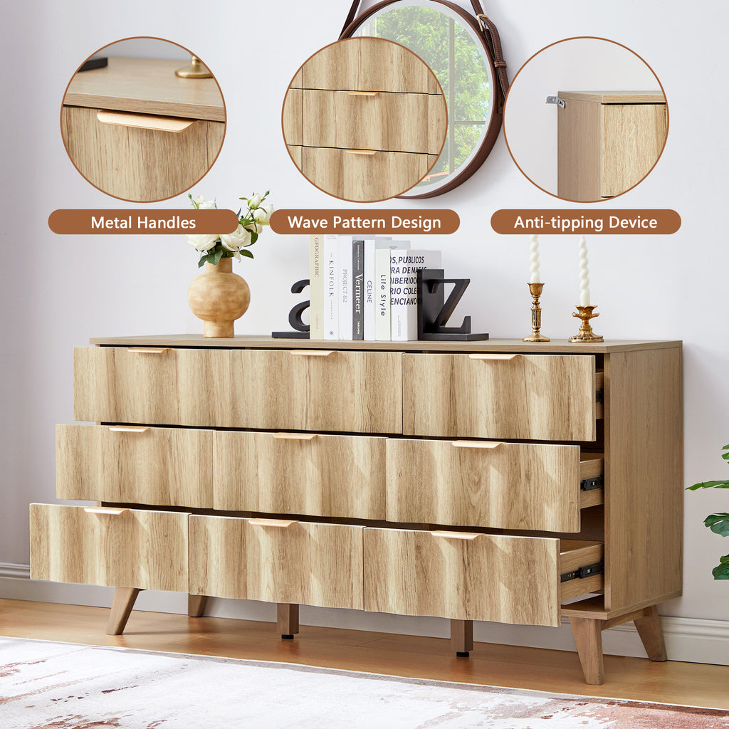 YOCWO 57" Wide 9 Drawer Dresser with Big Wave Pattern for Living Room Bedroom, Mid-Century Wood Large Chest of Drawer with Waveform Fluted Panel