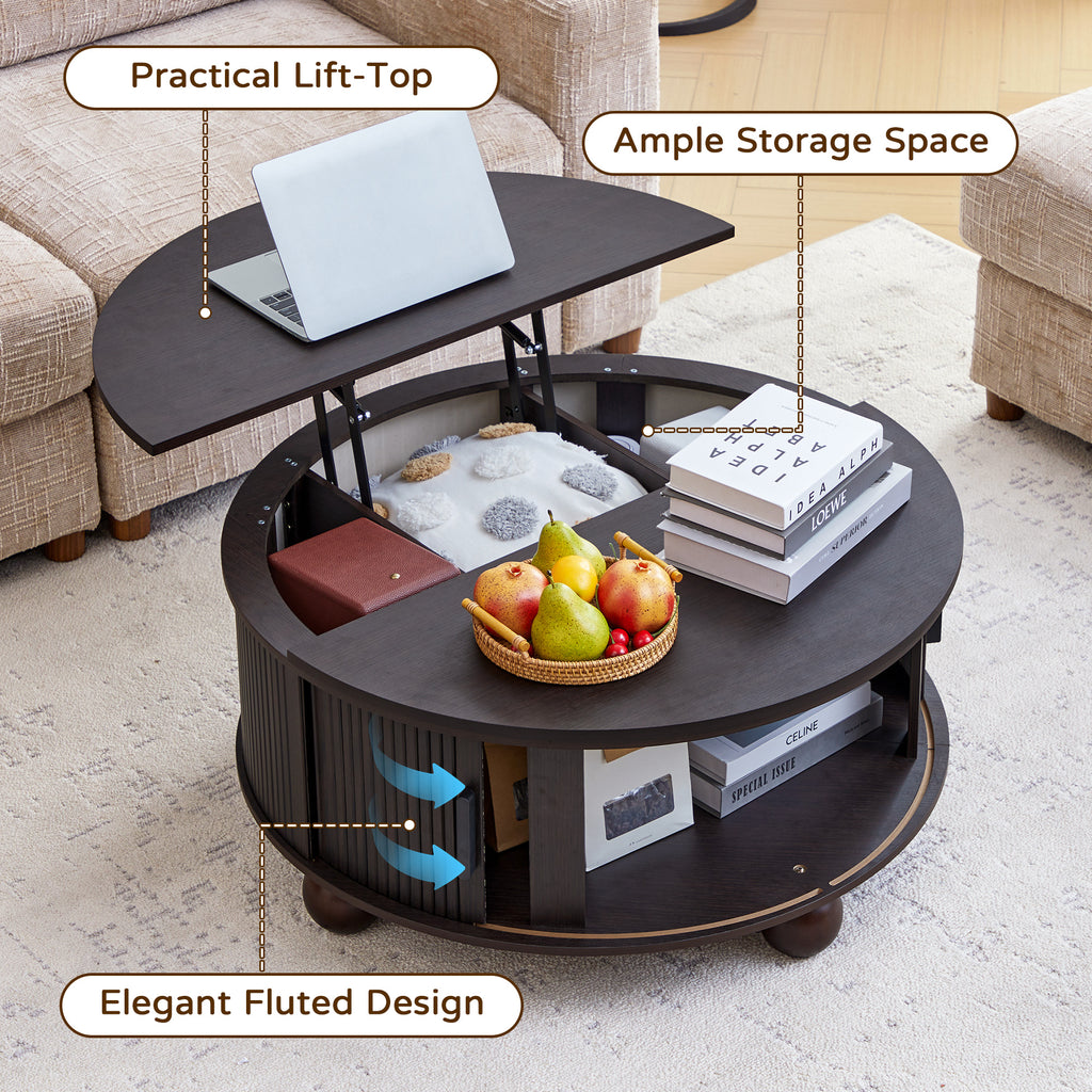 YOCWO Lift Top Coffee Table with Sliding Door and Round Leg, Fluted Round Coffee Table with Hidden Compartments Storage for Living Room