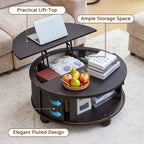YOCWO Lift Top Coffee Table with Sliding Door and Round Leg, Fluted Round Coffee Table with Hidden Compartments Storage for Living Room