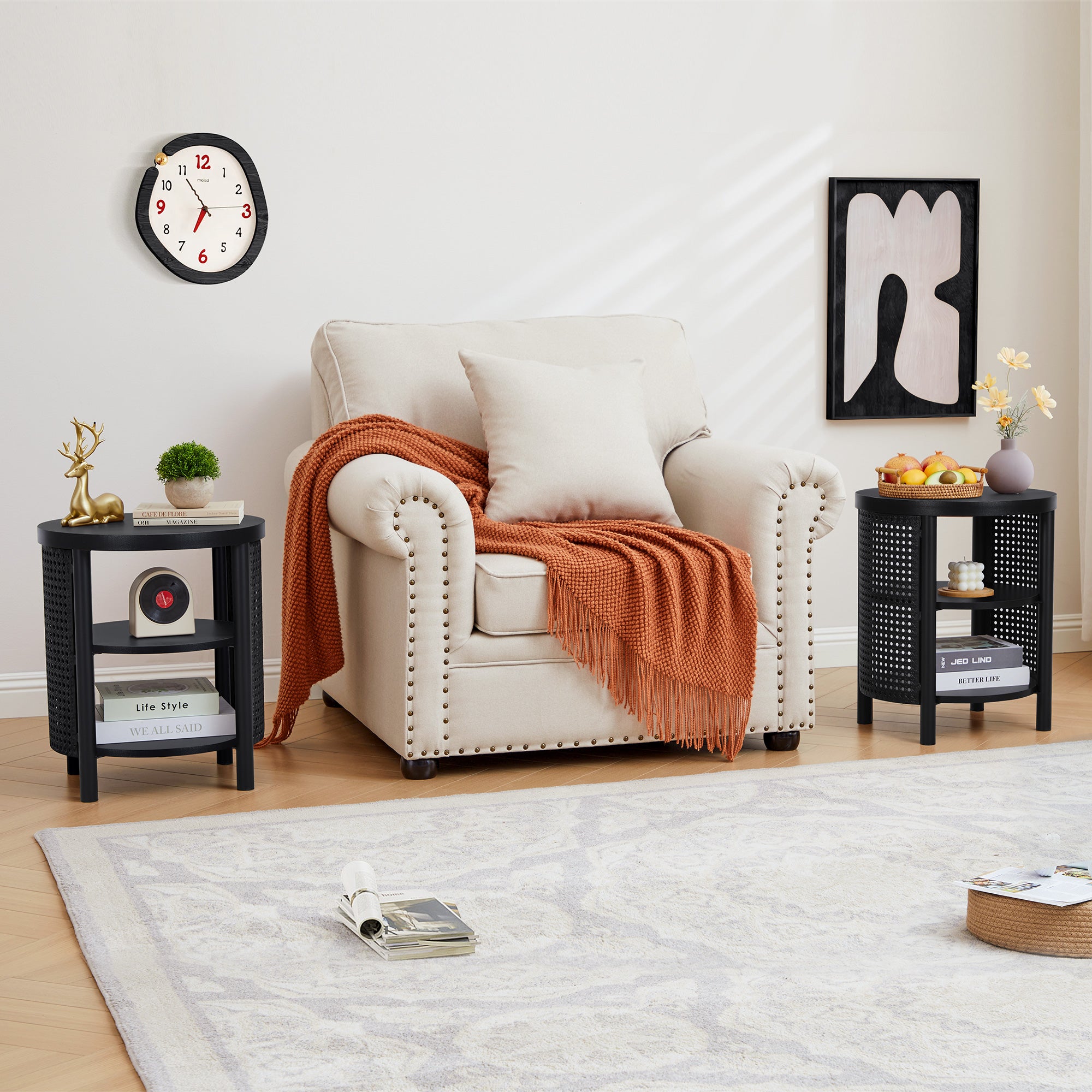 YOCWO Small Round End Table with Open Storage for Small Space, 3 Tier Accent Table Side Table with Iron Rattan Decor