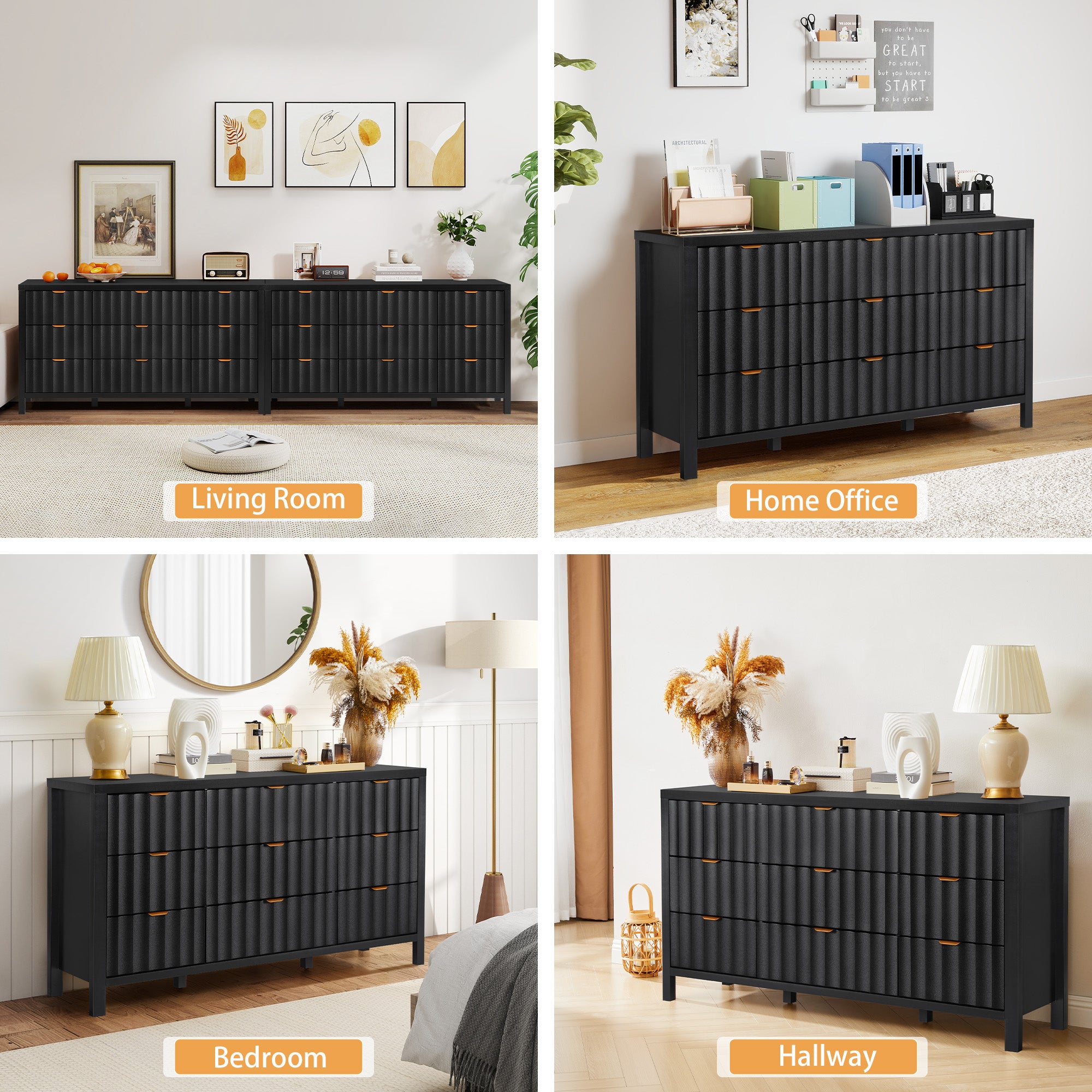 YOCWO 58.5" Wide 9 Drawer Dresser with Wave Fluted, Mid Century Storage Dresser Chest of Drawer for Bedroom