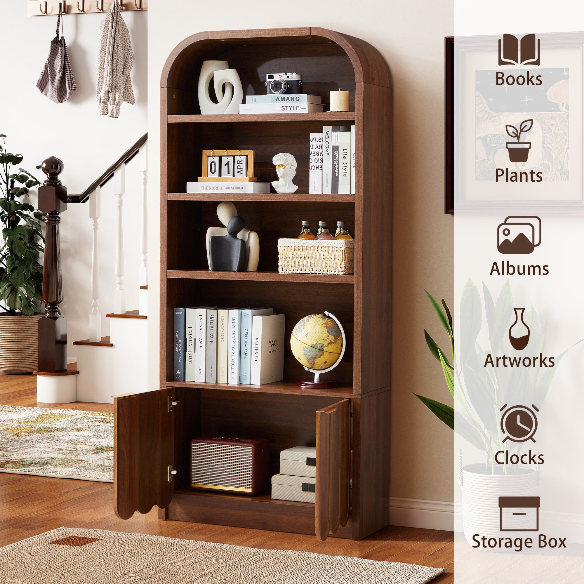 YOCWO 70" Tall Arched Bookcases with 2 Doors & 4 Shelves, Wooden Bookshelf with Wave Panel and Curved Top for Living Room Office